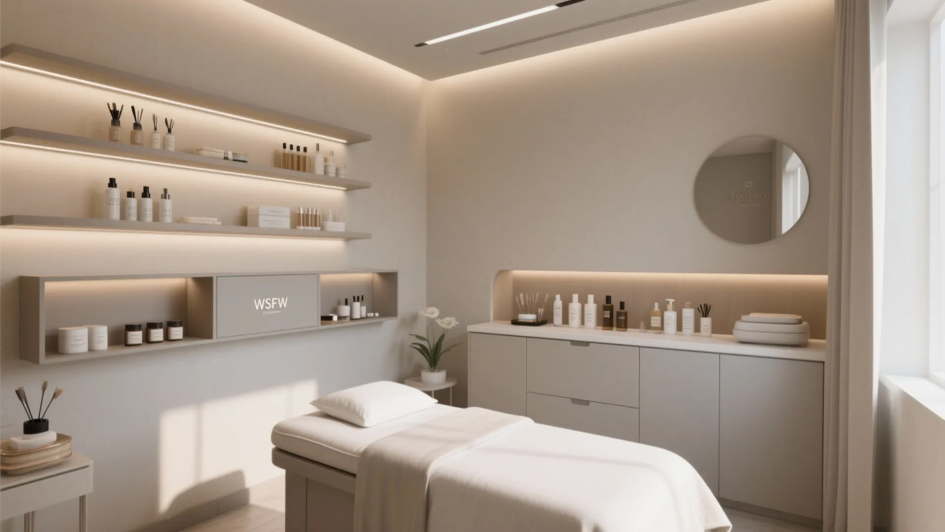 Modern spa treatment room with white massage bed shelving units cabinets round mirror and soft lighting