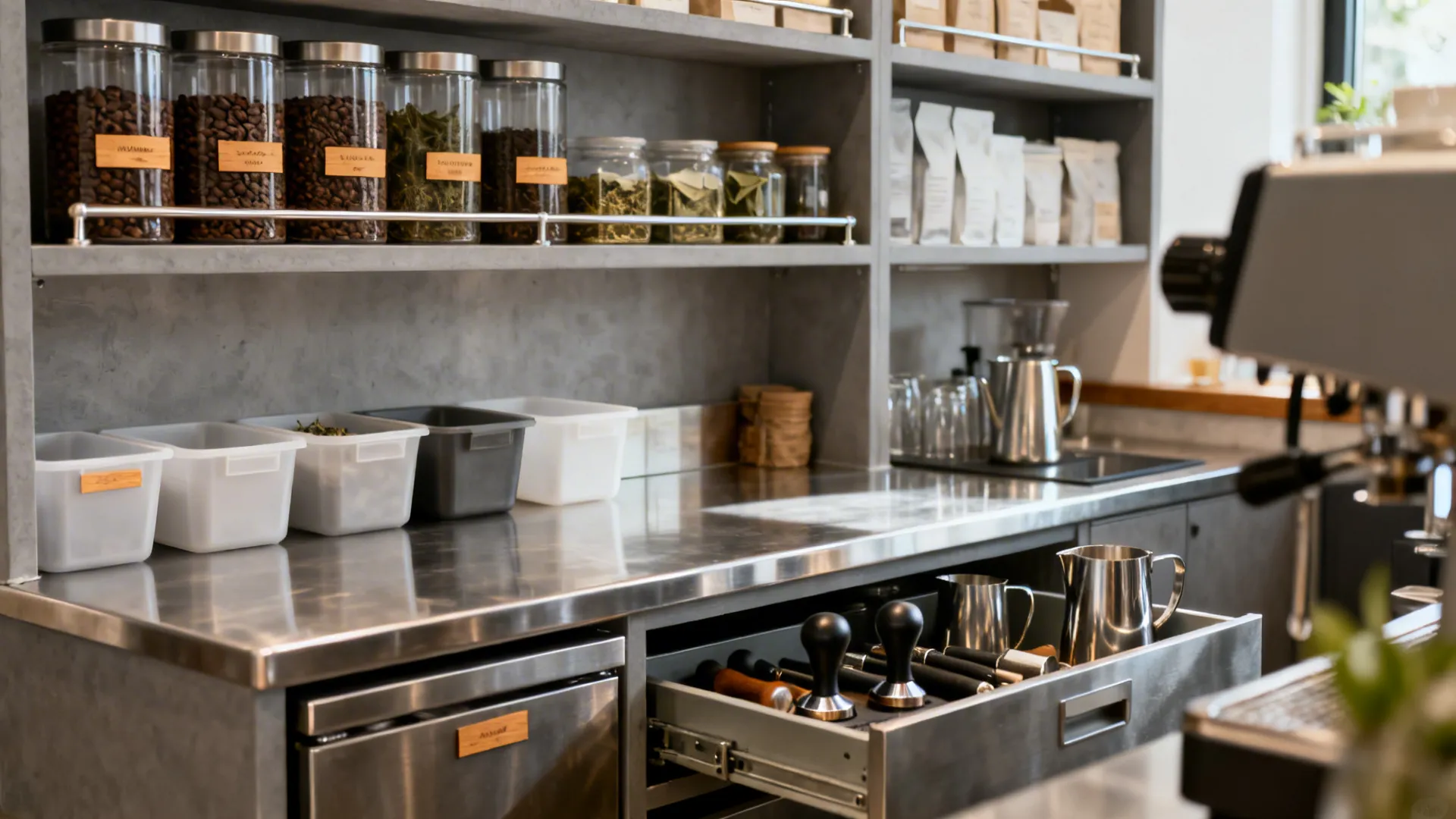 Open shelf cafe storage with clear canisters and under-counter drawers arranged by task for fast workflow.