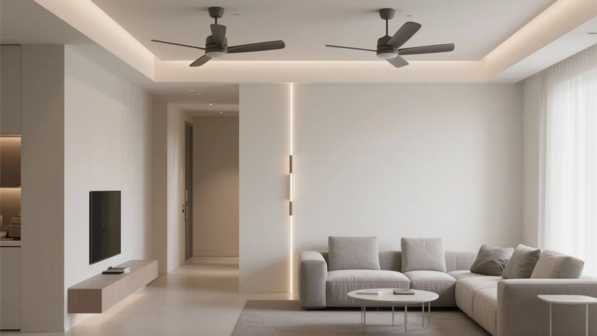 Minimalist living room featuring grey sectional sofa round coffee table ceiling fans and wall light