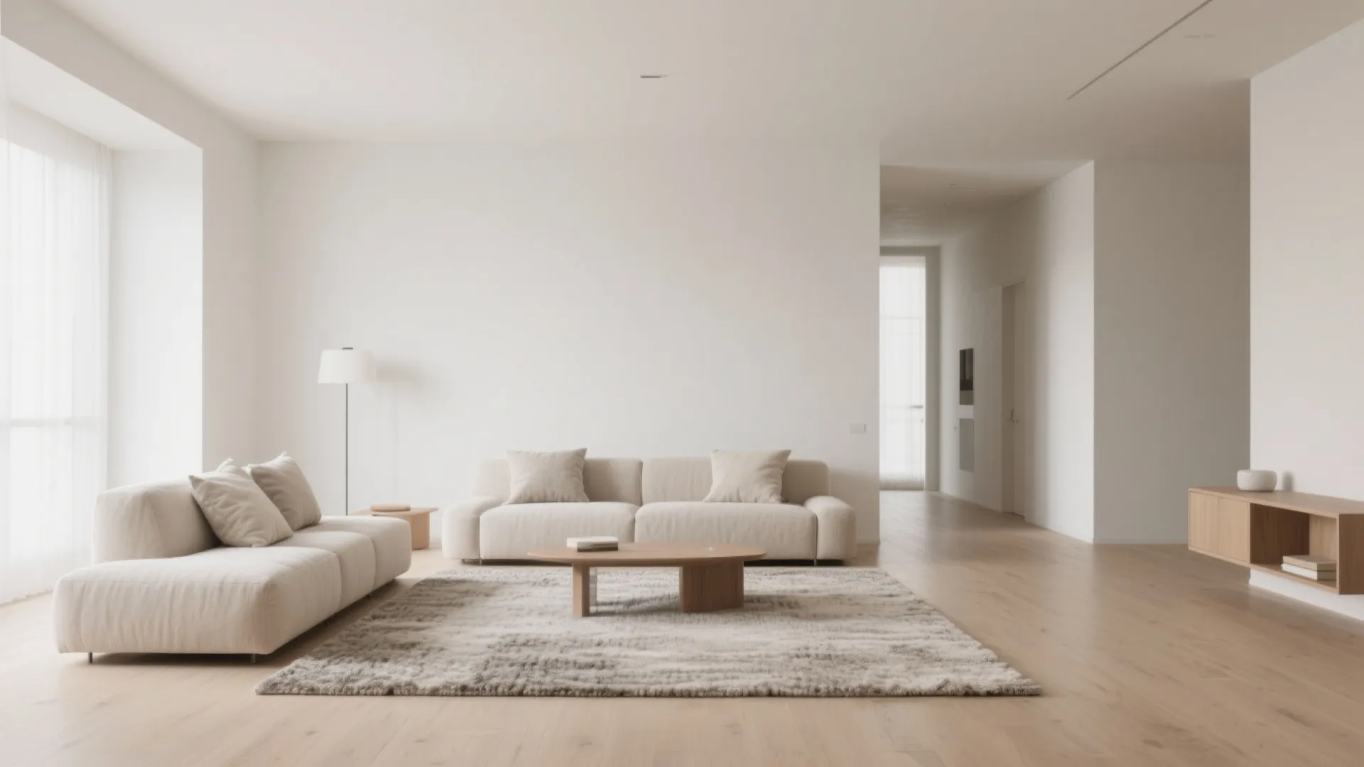 Minimalist white living room featuring low beige sofas wooden coffee table large rug and flooring