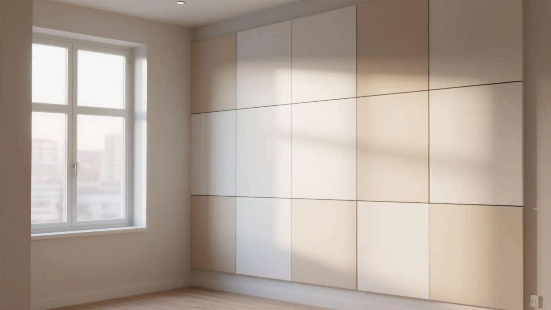 Empty room featuring large wall with beige and white square wall panel near bright window