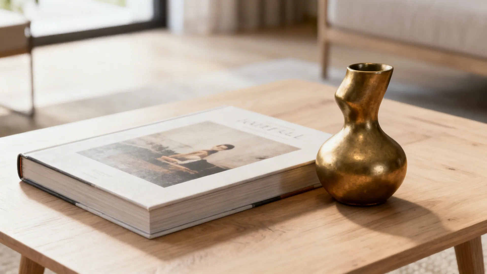 A single art book and sculptural object on a coffee table with ample negative space