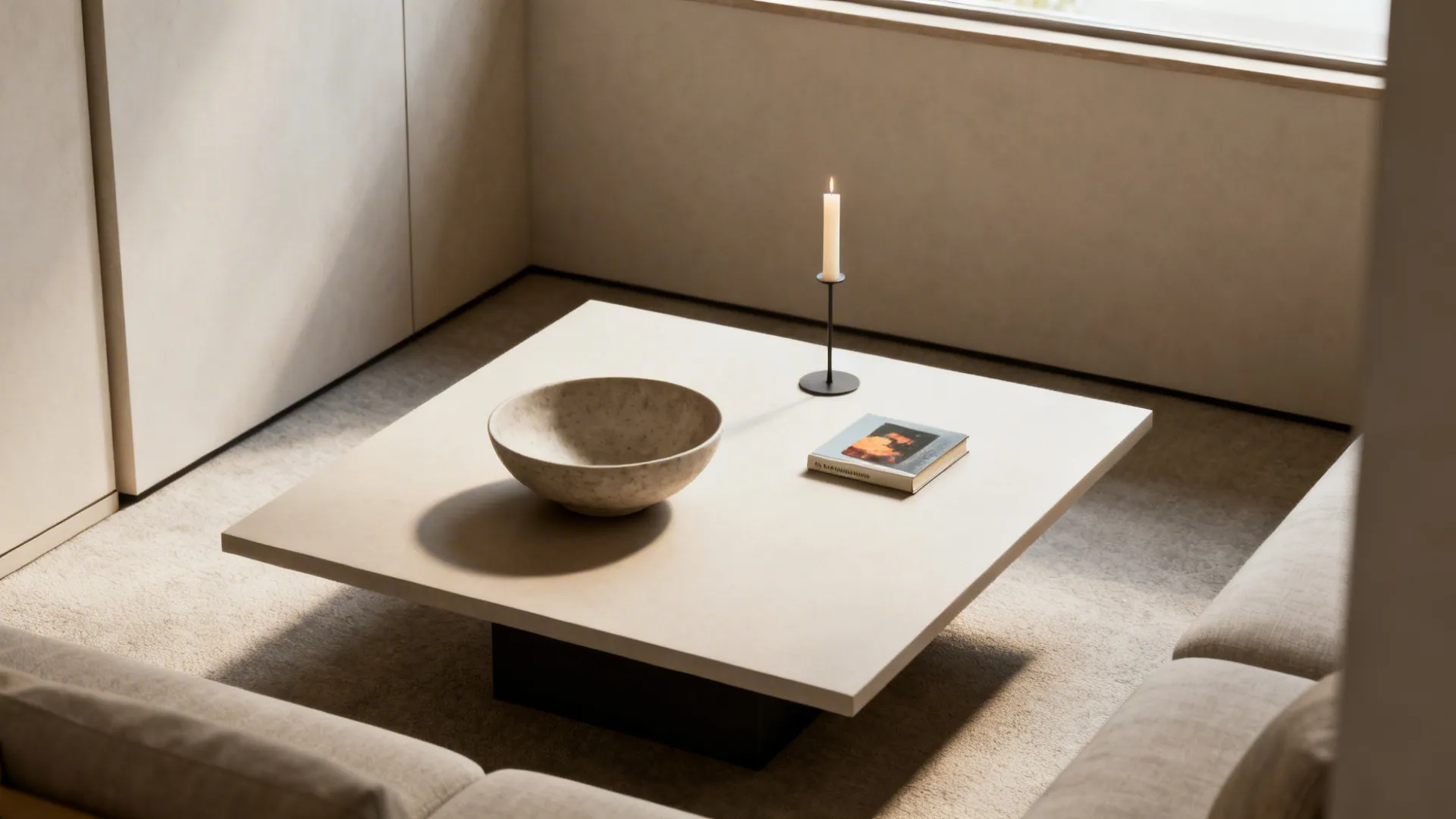 Minimal coffee table with a single statement bowl and small book in a tiny living room