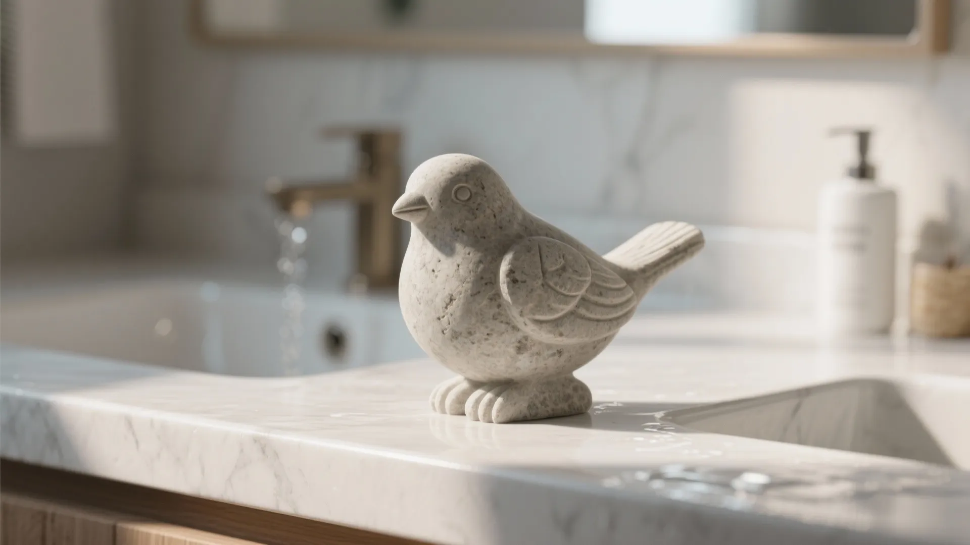 Small grey stone bird statue placed on a white marble bathroom counter near the sink