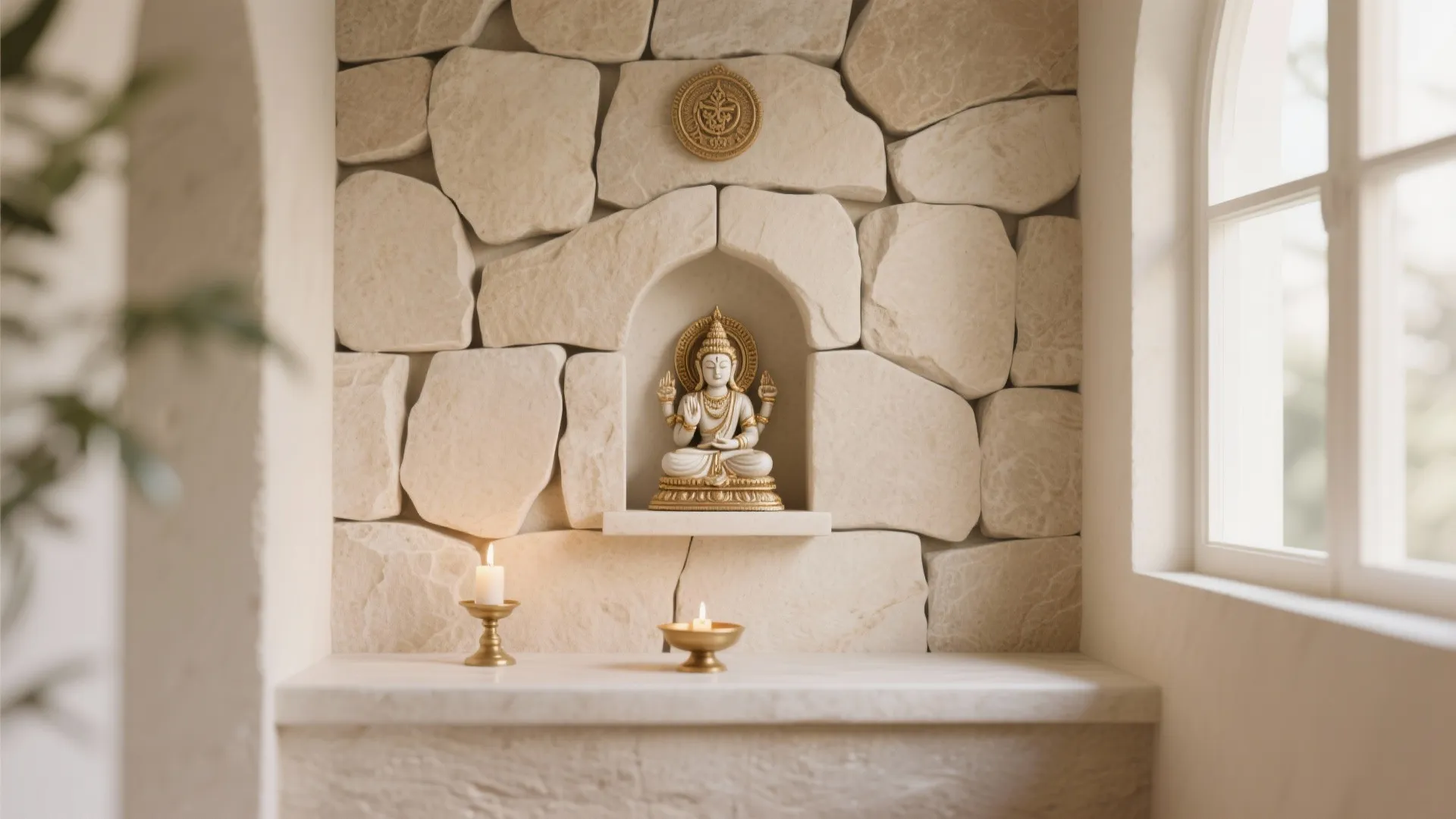 Small white statue placed in a stone wall niche with burning candles on a shelf