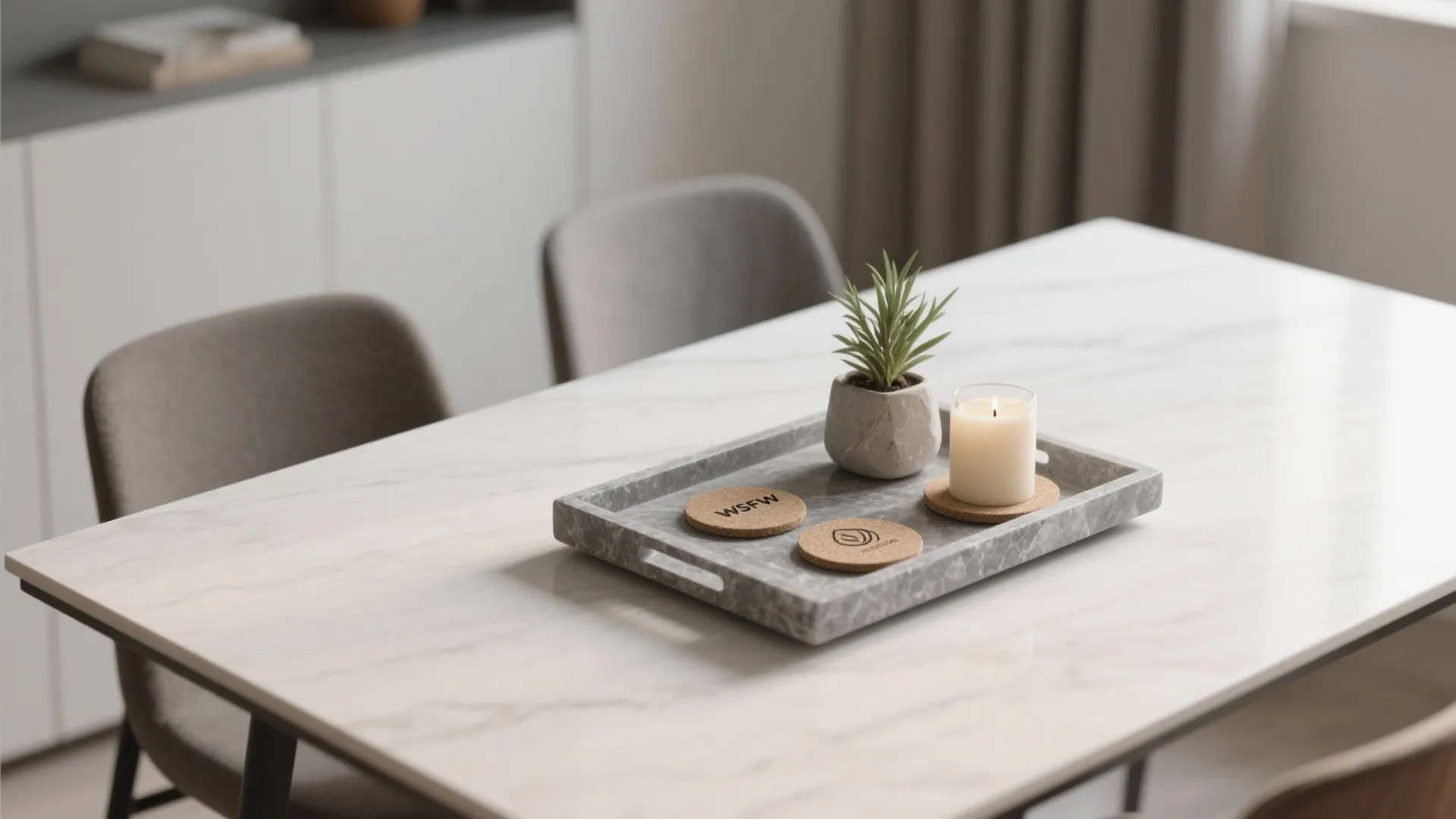 Minimalist stone tray with plant and candle on table