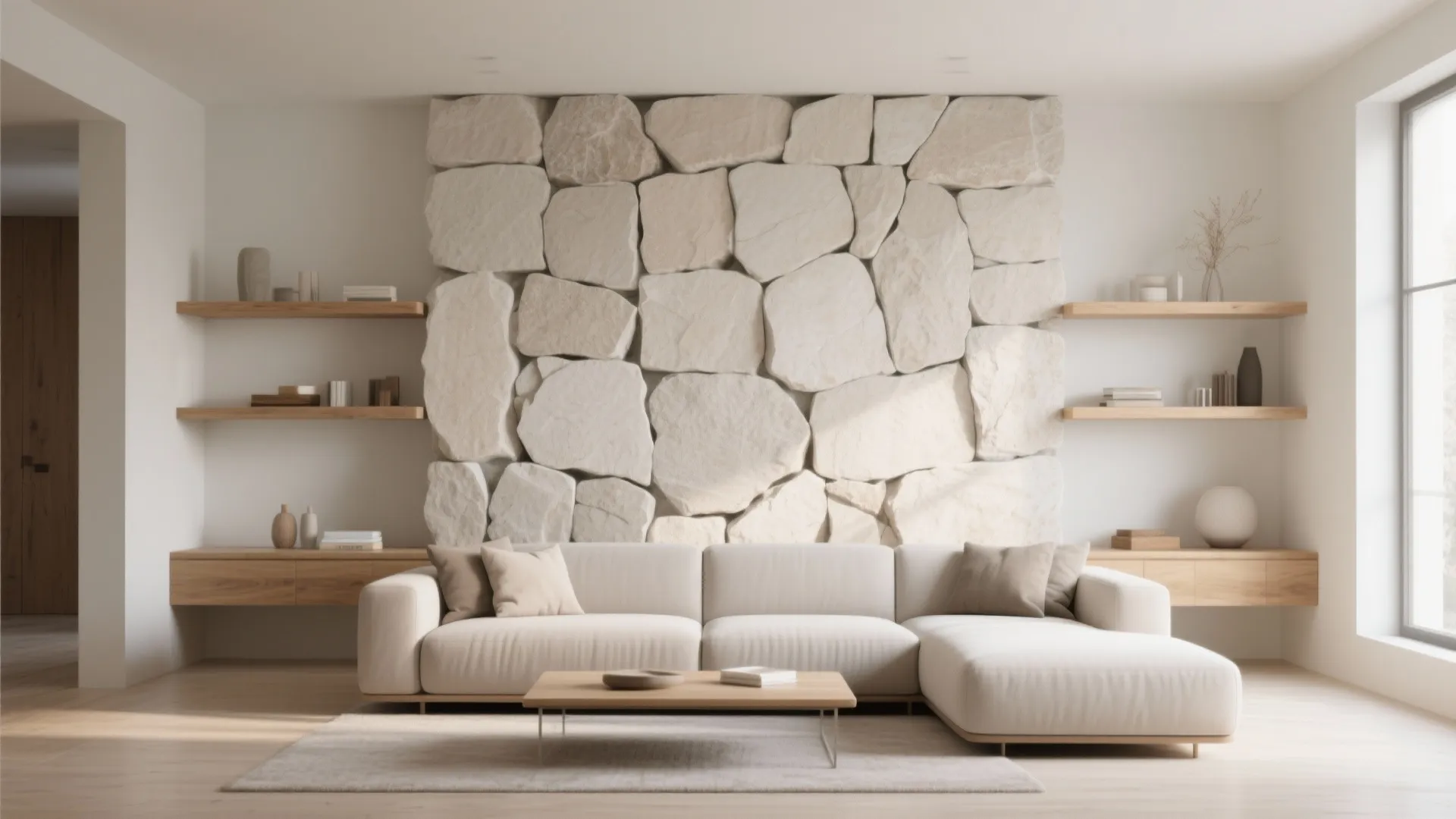 Minimalist living room with light stone wall and sofa