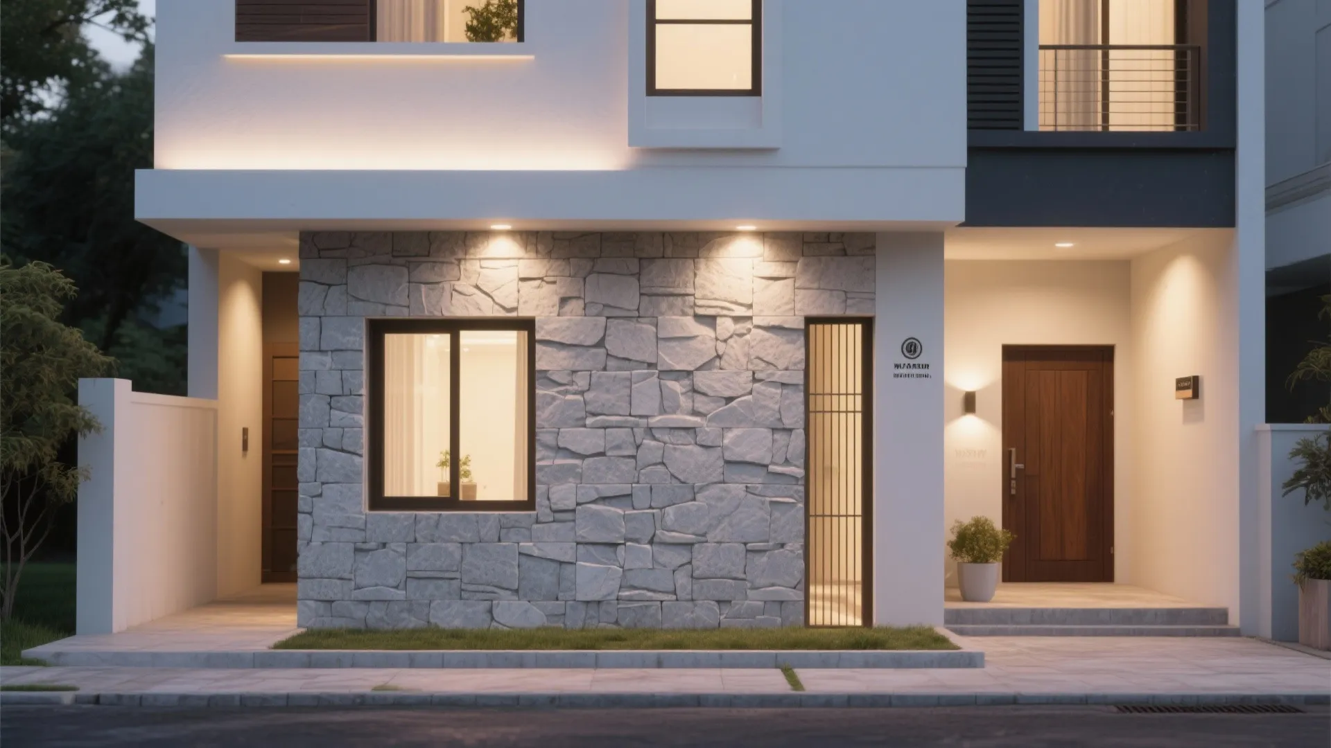 Modern white house exterior with grey stone wall panels, bright windows, and brown front door