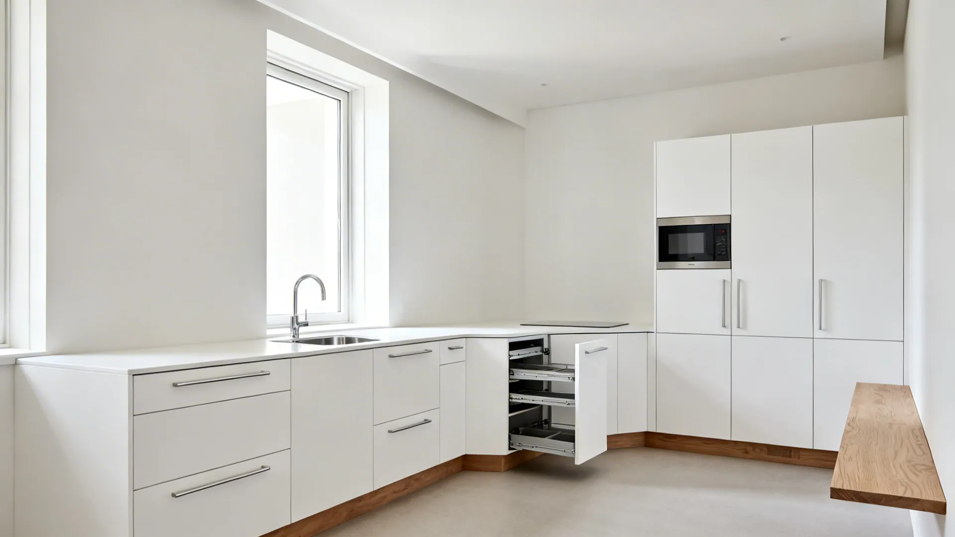 Minimalist 10x7 kitchen with flat-panel matte fronts, a single open ledge, and hidden microwave.