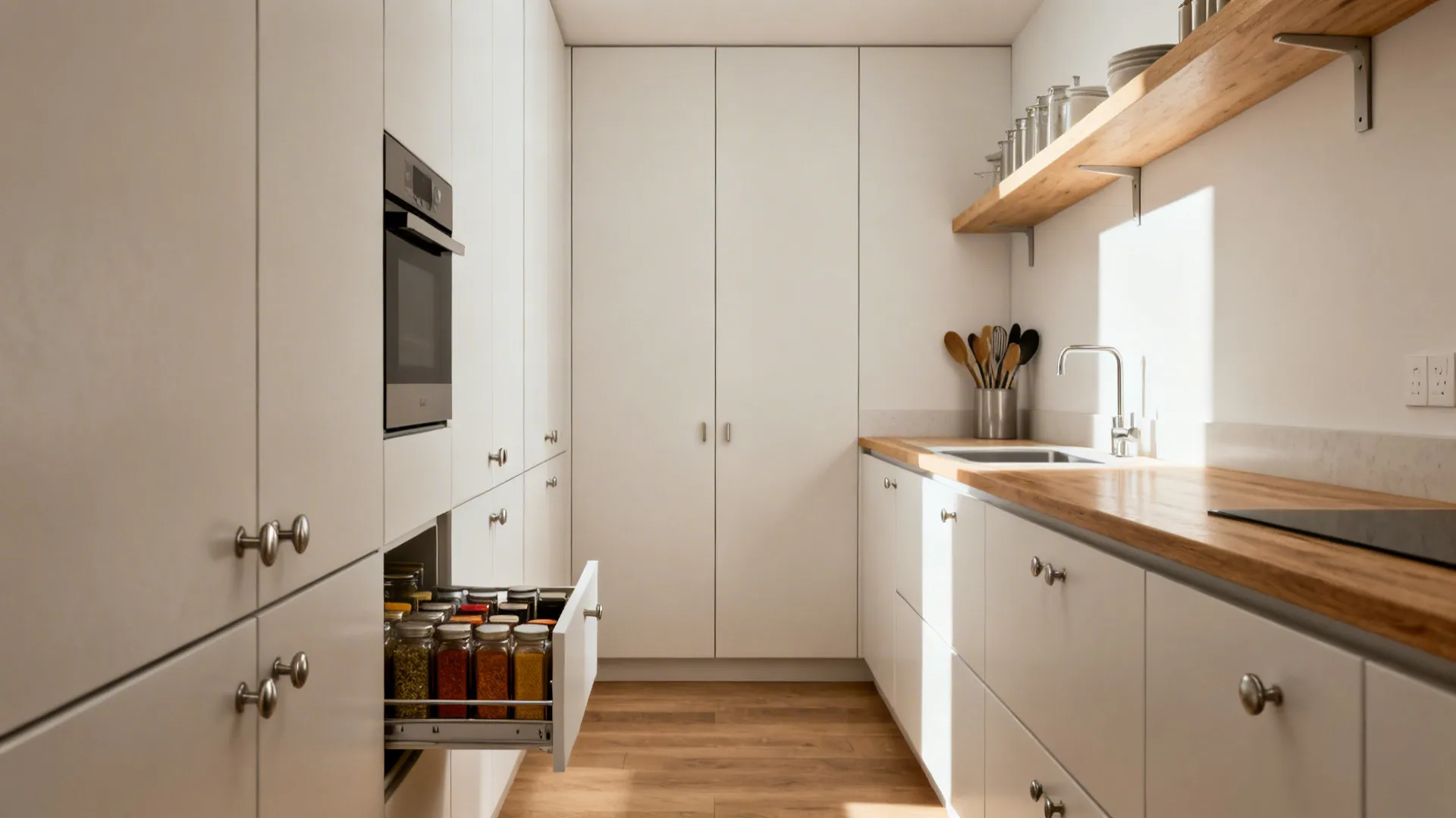 Full-height pantry and slim upper cabinets create calm, efficient storage in an 11 x 6 kitchen.