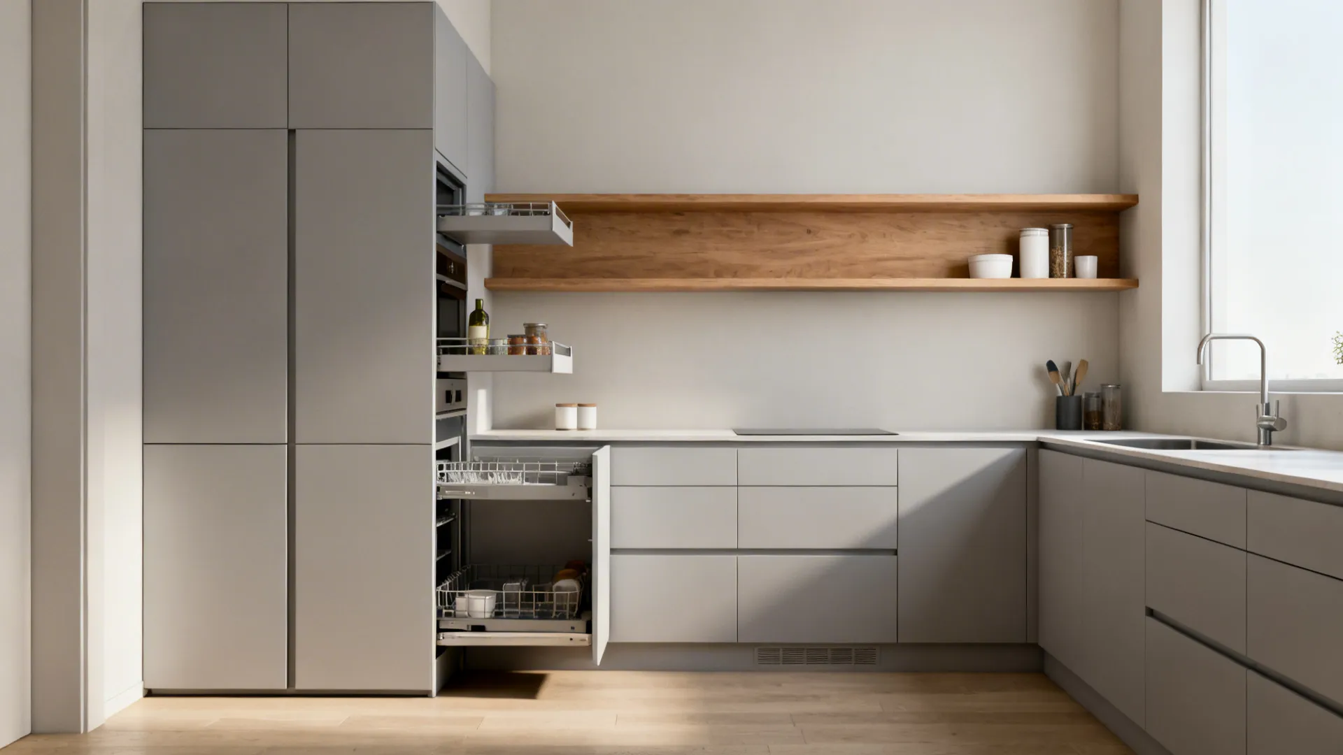 Minimalist 11x8 kitchen with slim pantry pull-outs, toe-kick drawers, and a single open shelf.