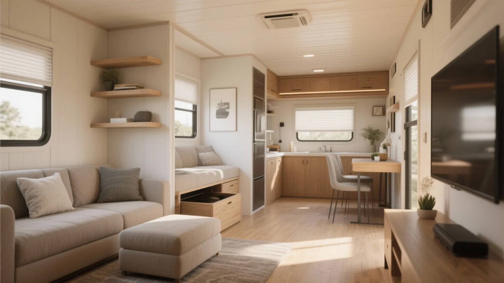 Bright open plan living room and kitchen featuring wood cabinets sofa and hidden storage drawers