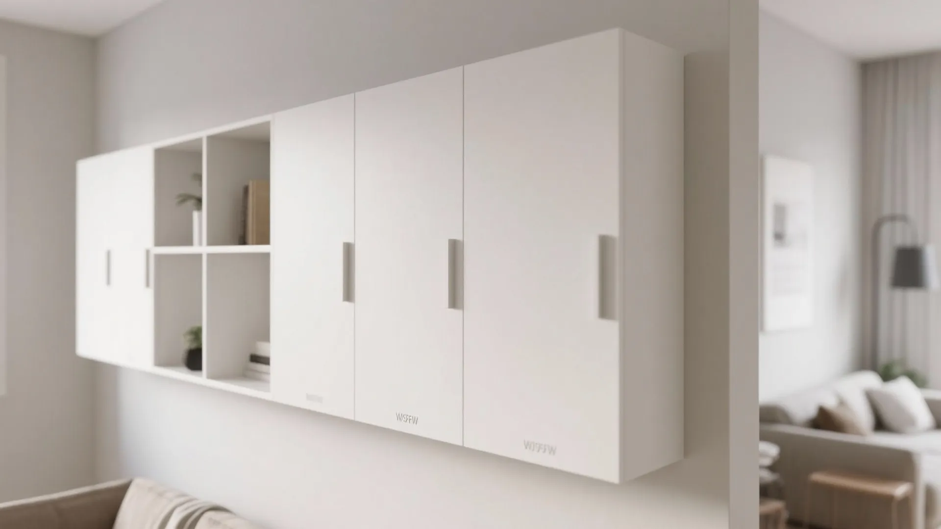 Minimalist wall-mounted storage in a bright small living room