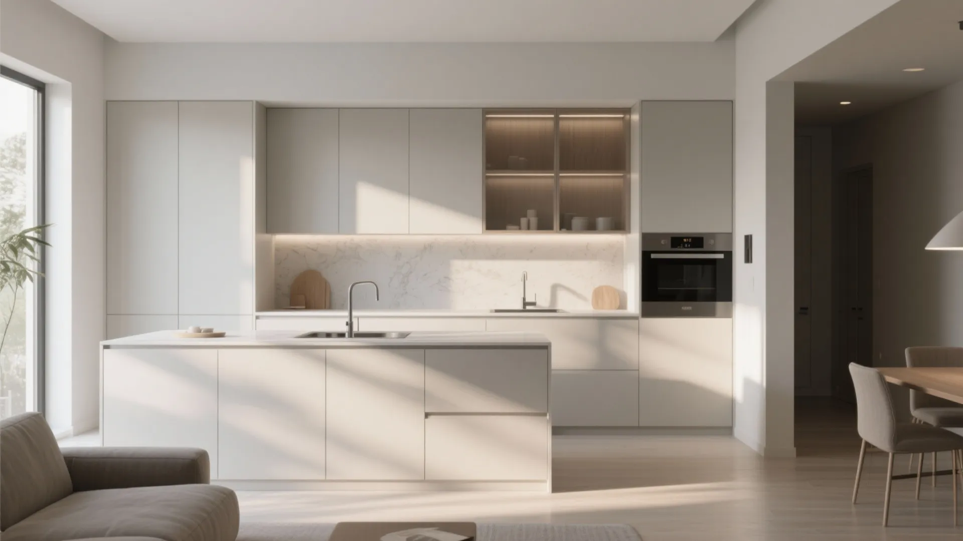 Minimalist white kitchen with island sink marble backsplash and built in oven under soft natural sunlight