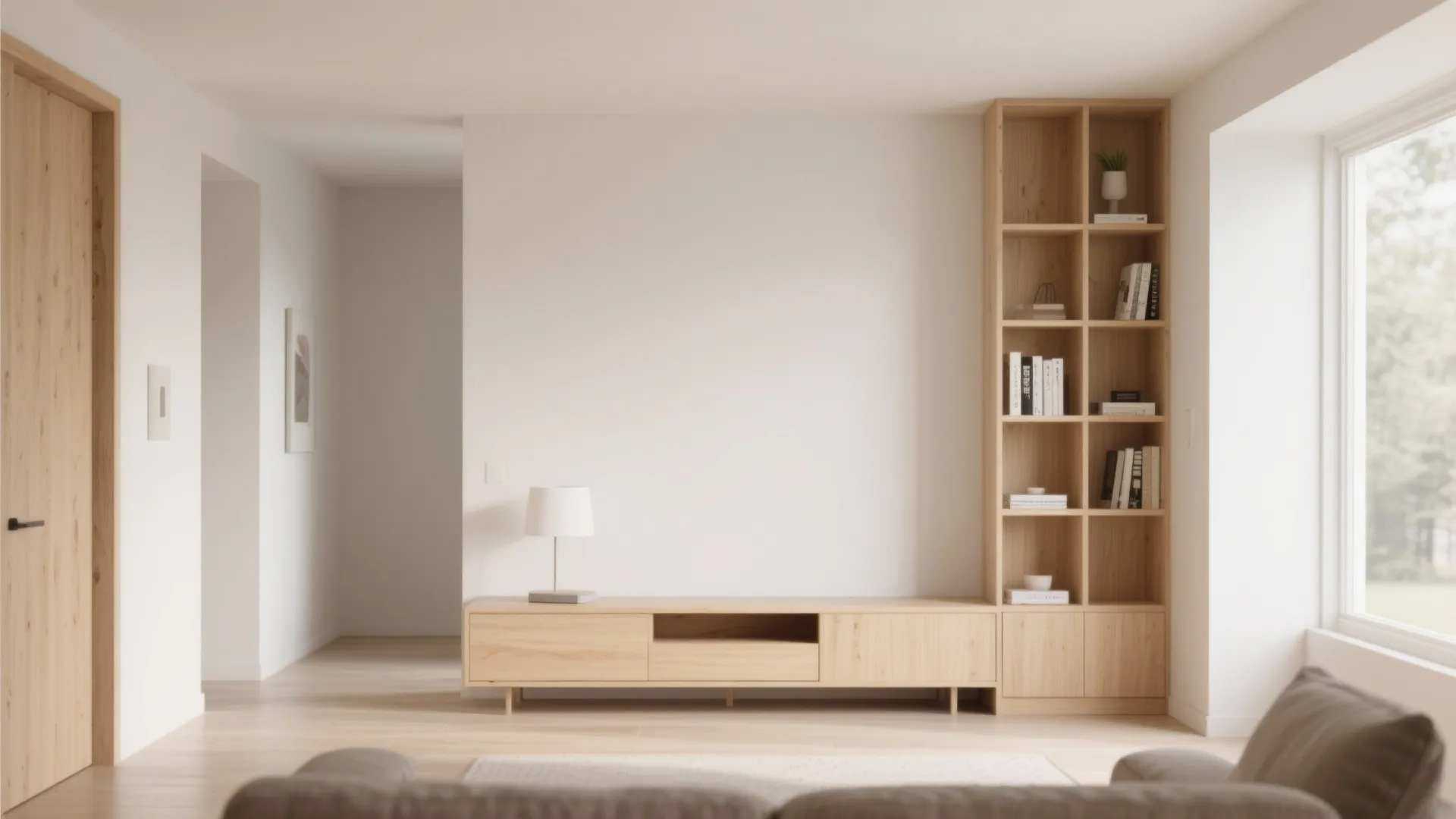 Modern living room with wooden cabinet unit and matching tall bookshelf against a white wall