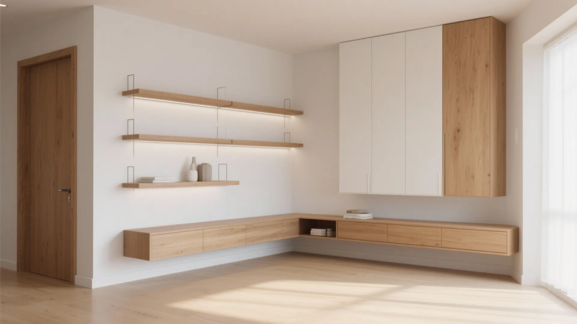 Minimalist room layout with wooden wall shelves white cabinet and a long floating storage bench