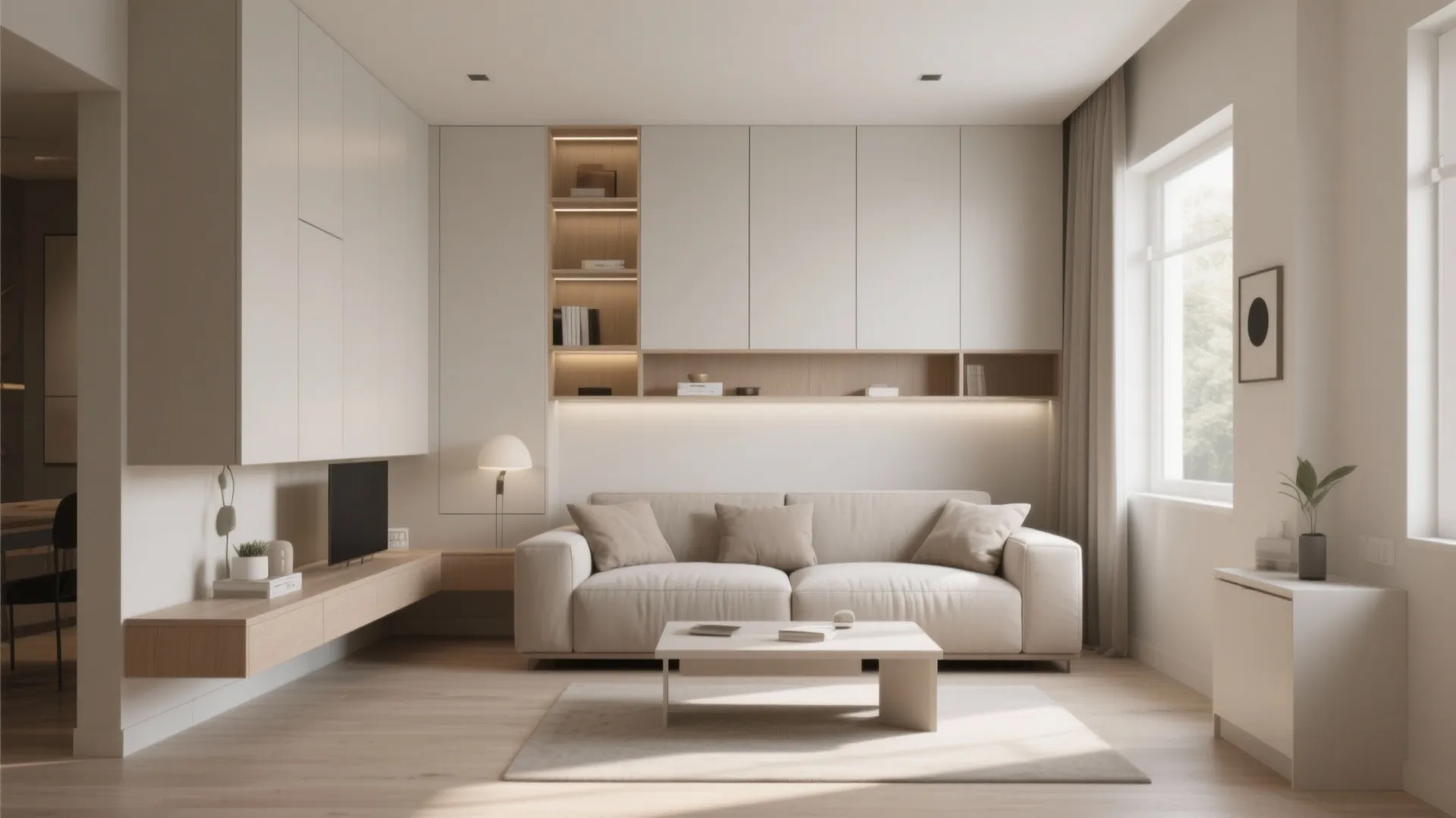 Minimalist living room with white wall cabinet storage, comfortable sofa, coffee table, and light wood