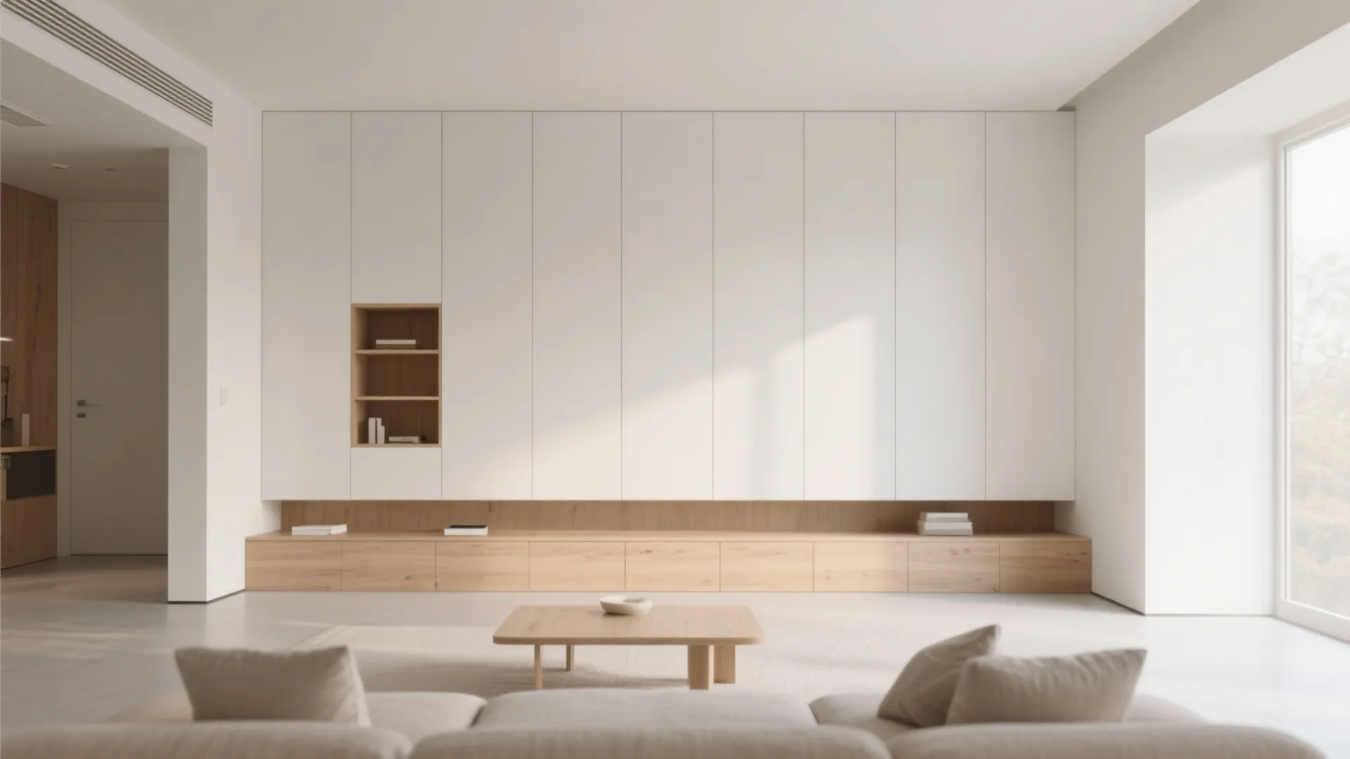 Minimalist living room with large white storage wall and low wooden cabinet near a window
