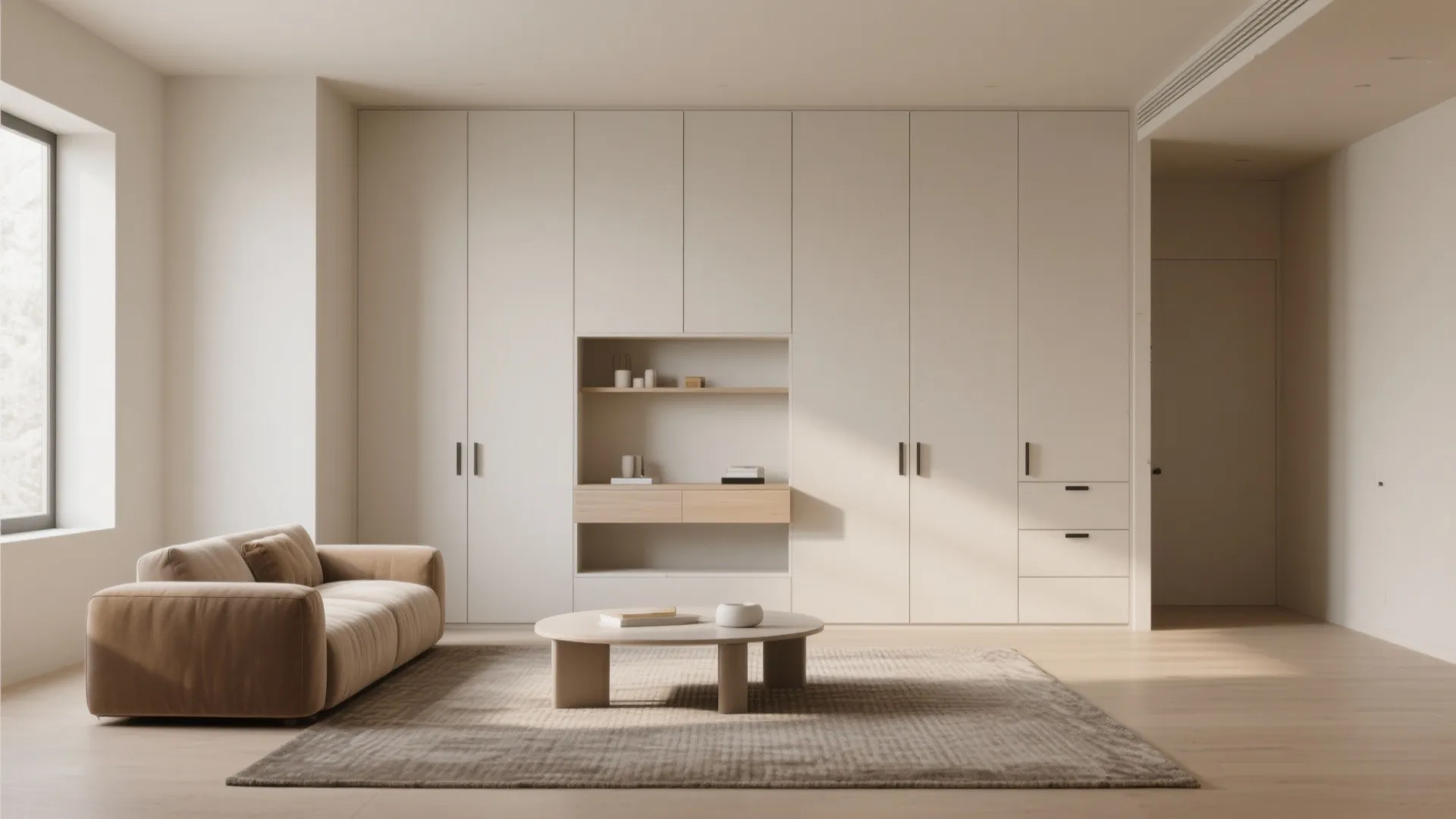 Minimalist living room featuring cream wall cabinet storage with small sofa and round coffee table
