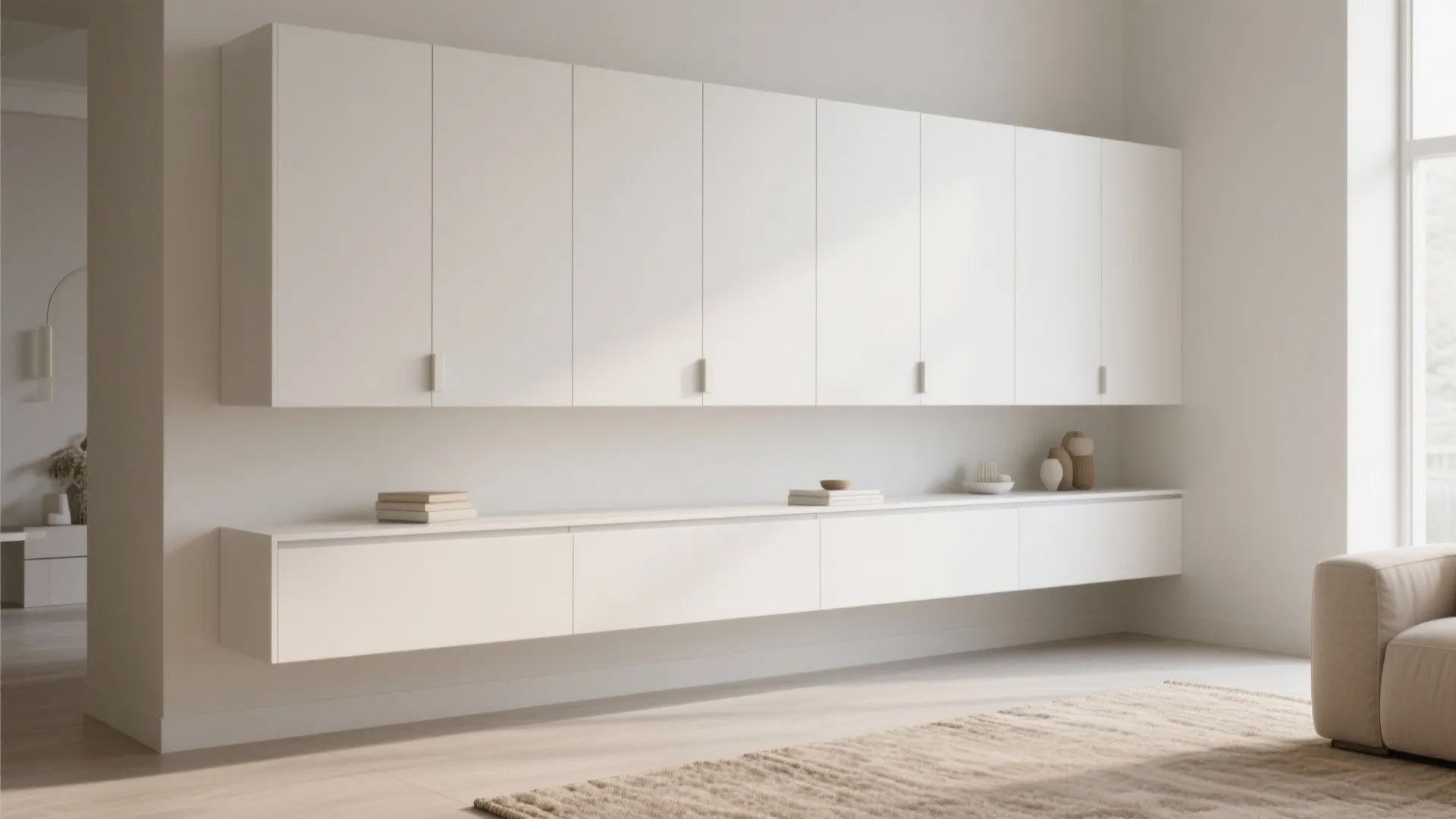 Minimalist white wall cabinet system in a bright living room with beige rug and sofa
