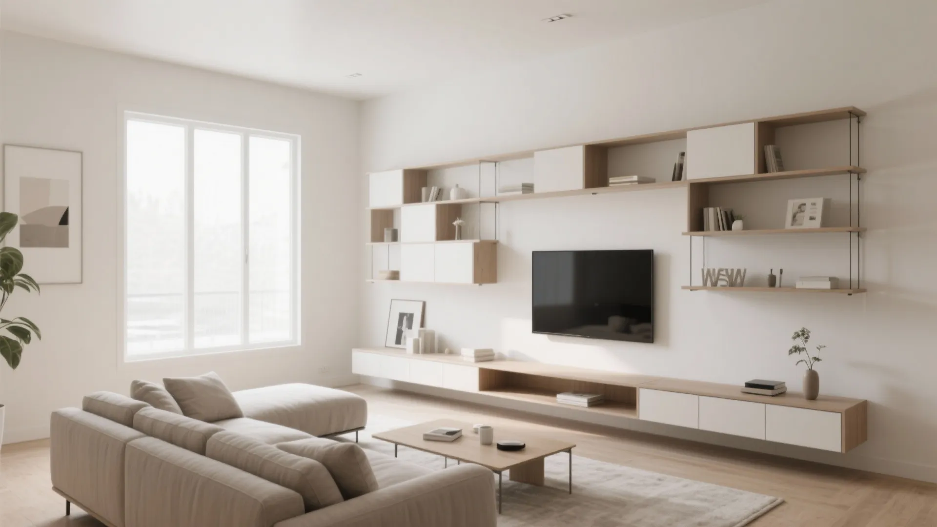 Minimalist living room with wall mounted wooden shelves television white sofa and large bright window