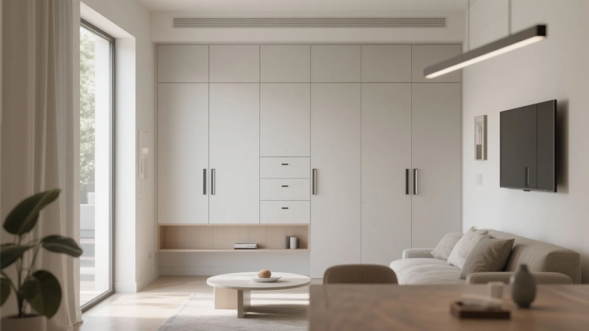 Minimalist living room with white wall cabinets a grey sofa round coffee table and television