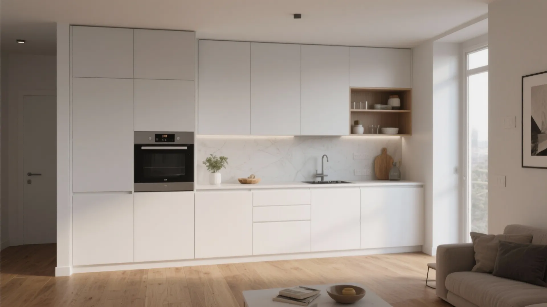 Minimalist white kitchen cabinet design with wood flooring plus built-in oven and grey sofa nearby