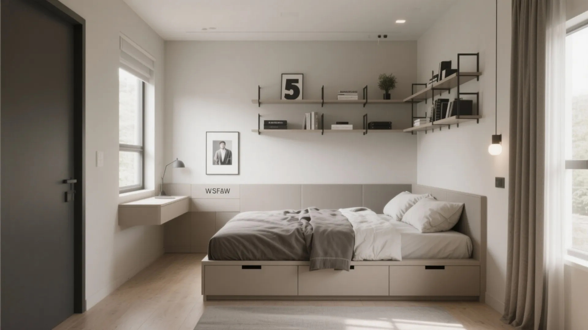 Minimalist bedroom featuring bed with storage drawers wall shelves and small desk by the window