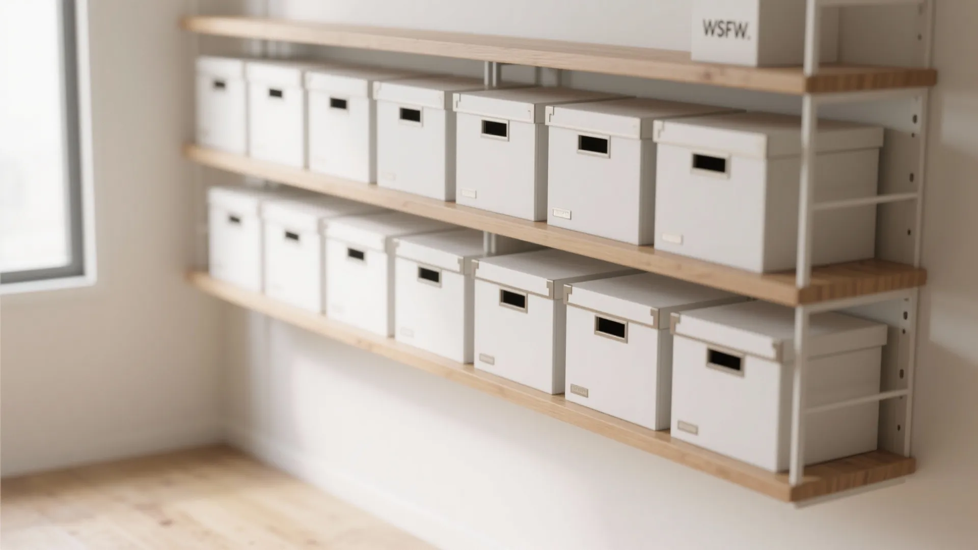 White storage boxes organized on wooden wall shelves in a minimalist room with white wall background