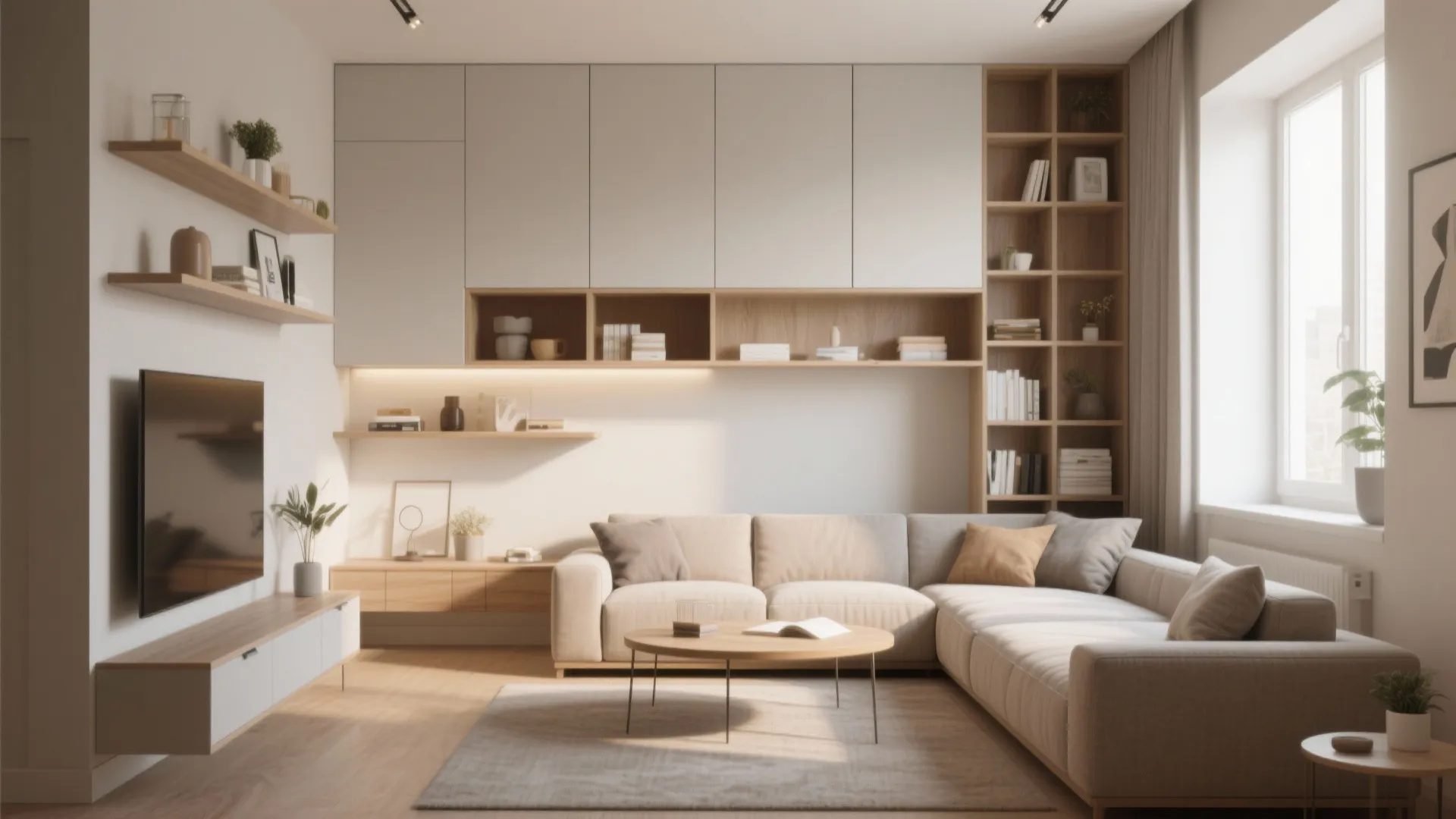 Modern living room with beige sofa round coffee table wooden wall shelves and large storage cabinet