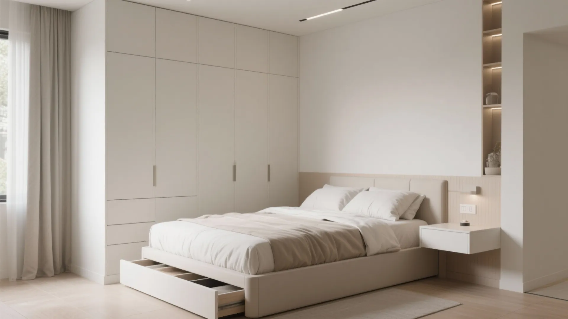 Minimalist bedroom with white wardrobe beige bed with underbed storage and warm wood floor boards