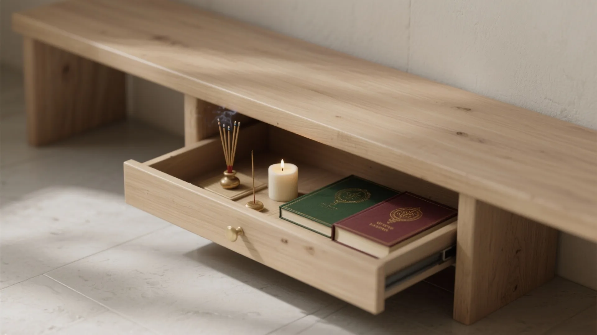 Wooden cabinet drawer holding small books a lit candle and incense sticks for home relaxation