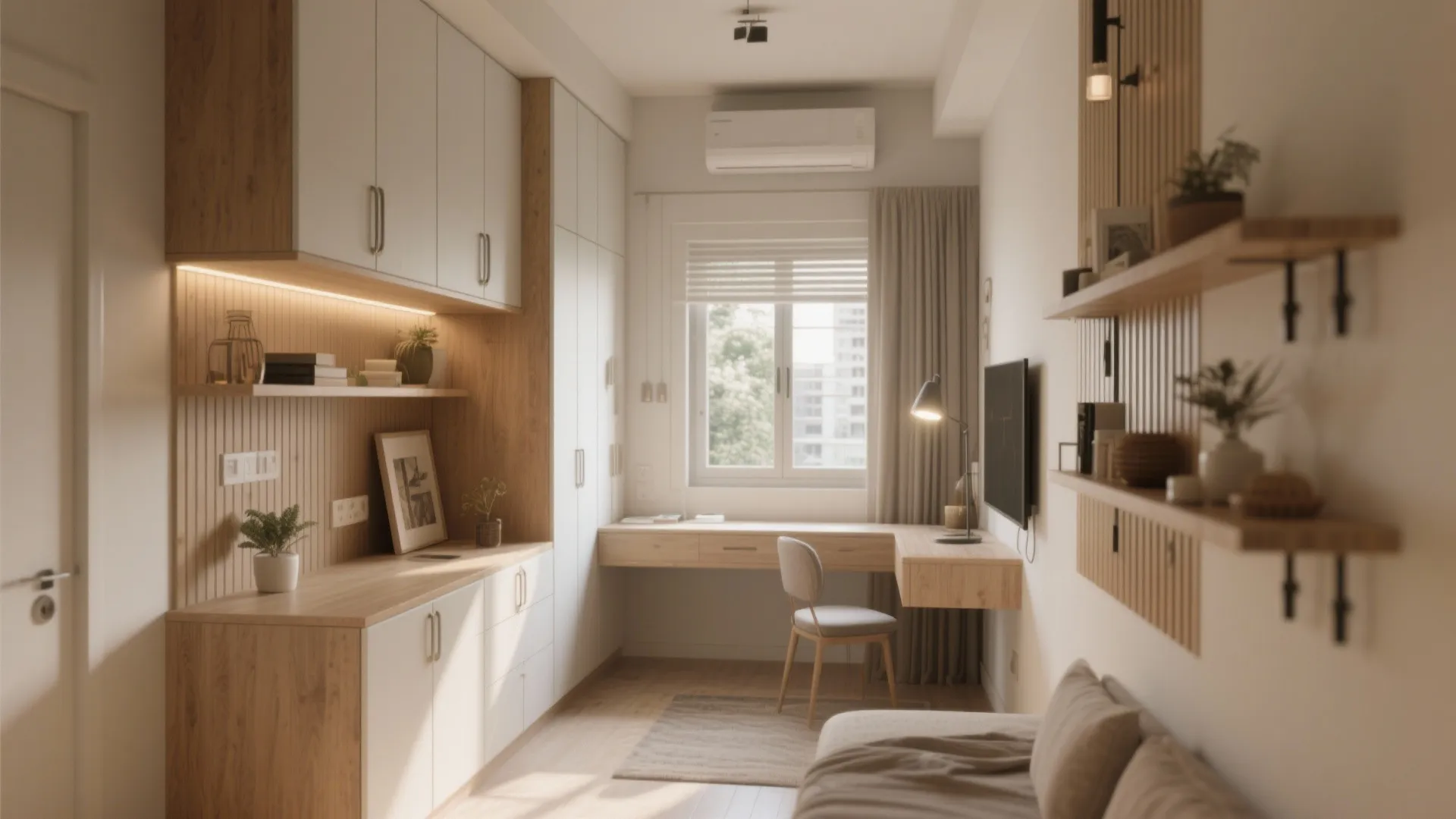 Small home office with built in white cabinets wooden desk chair window and wall mounted shelves