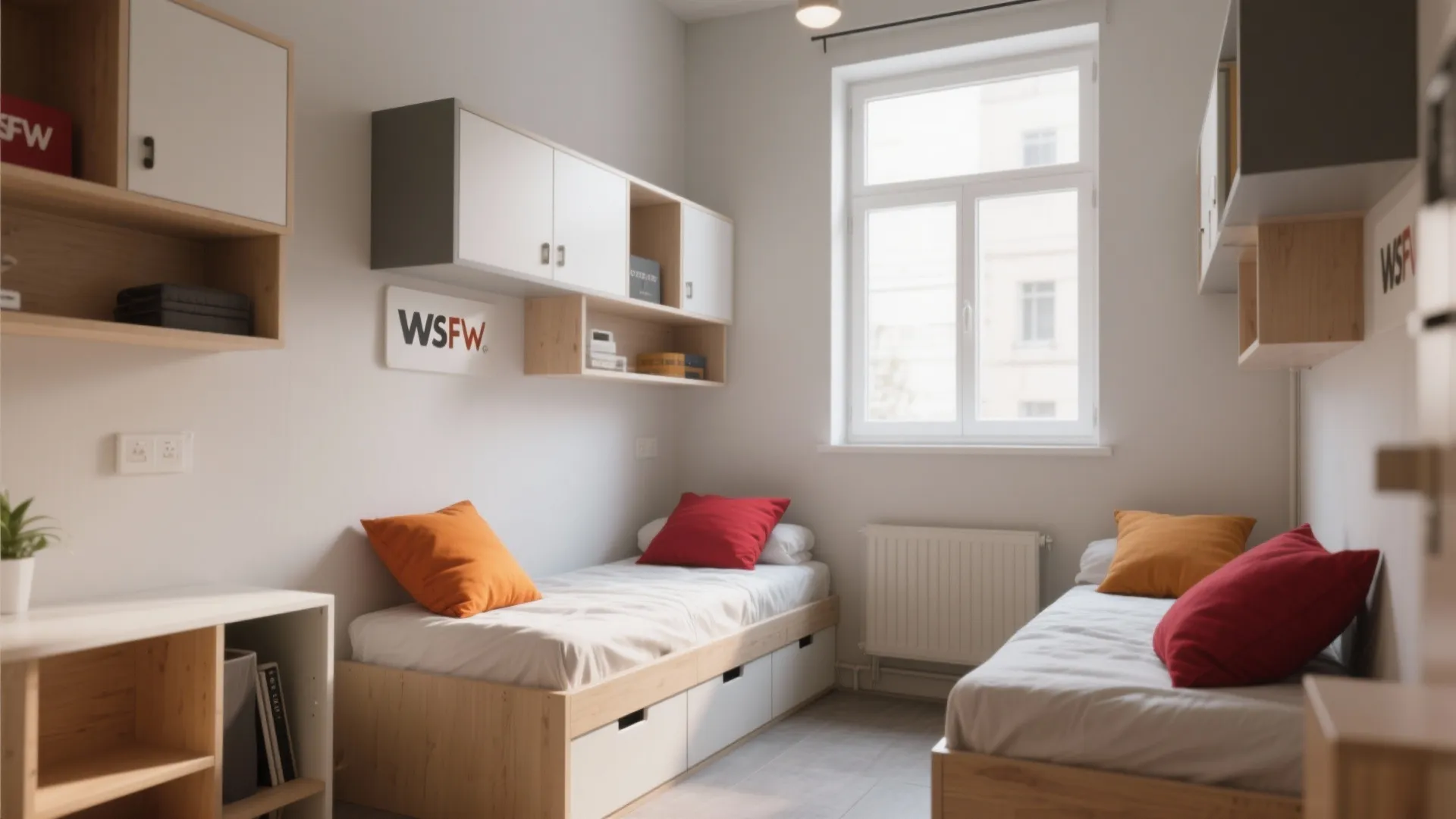 Minimalist shared bedroom with two single beds and white wall mounted storage cabinets above them