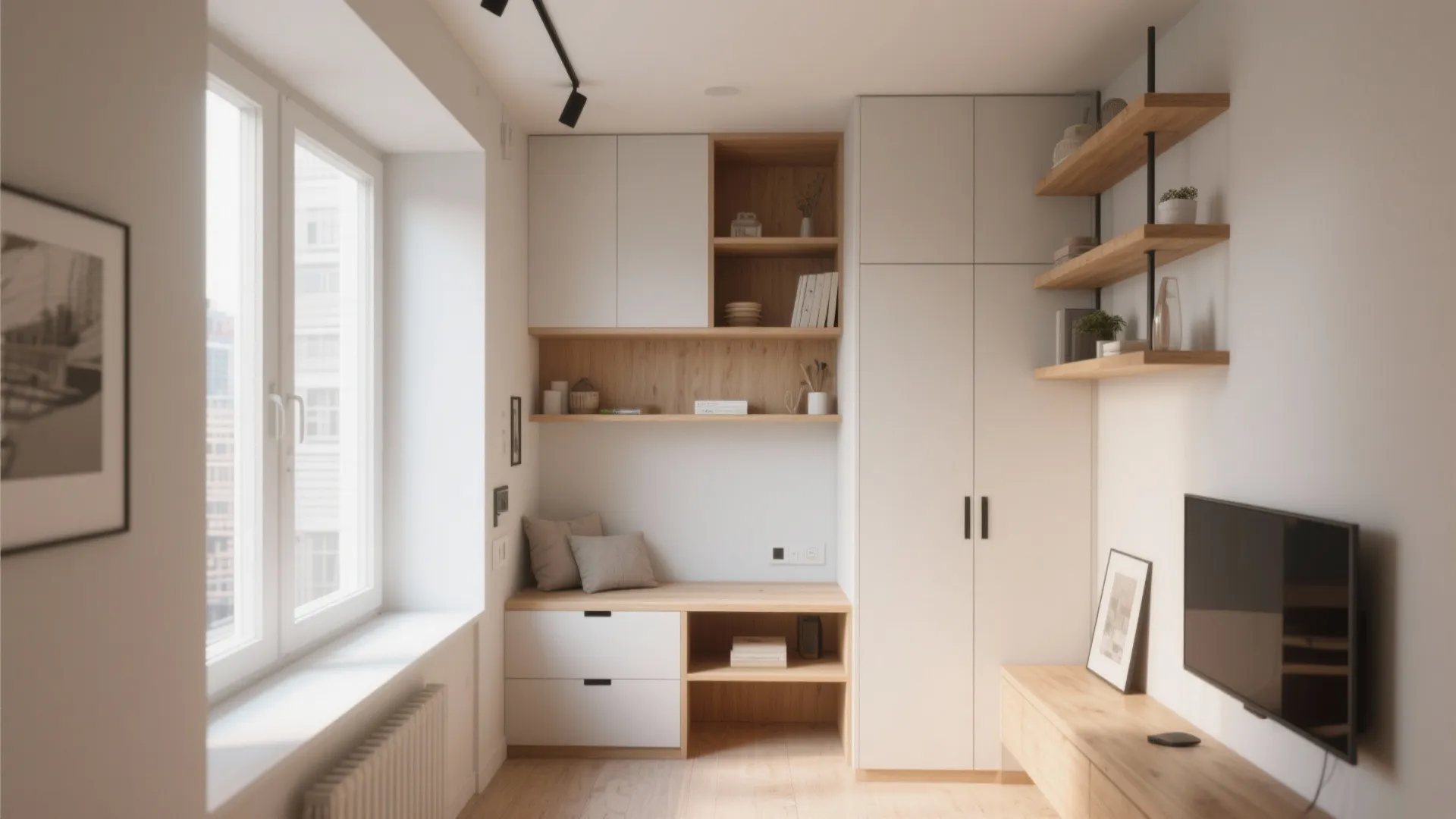 Minimalist room layout with white storage cabinet wooden shelves television stand and sunlight through the window