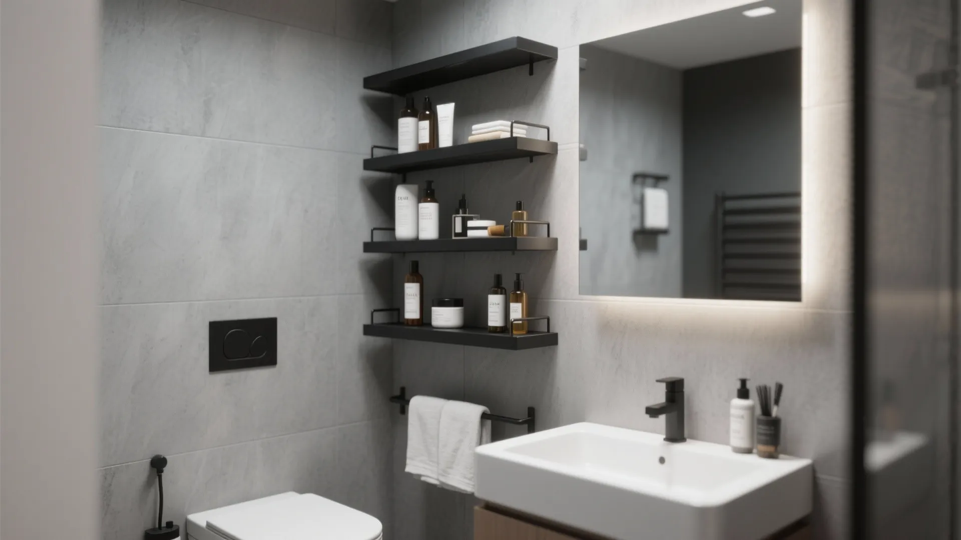 Modern grey bathroom with black floating shelves holding bottles white sink black faucet and mirror
