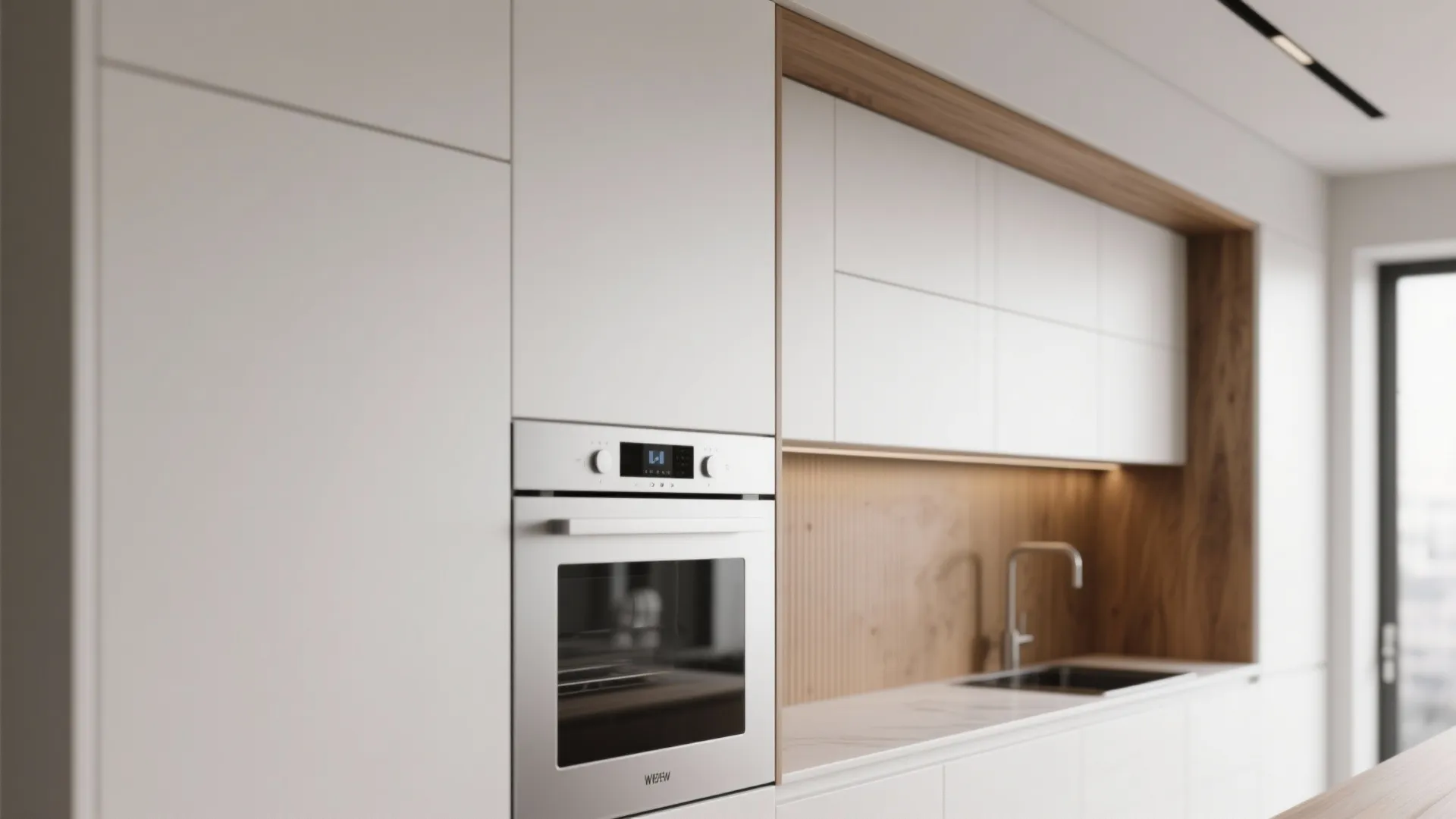 Minimalist white kitchen cabinets with built in oven sink faucet and wooden back panel detail