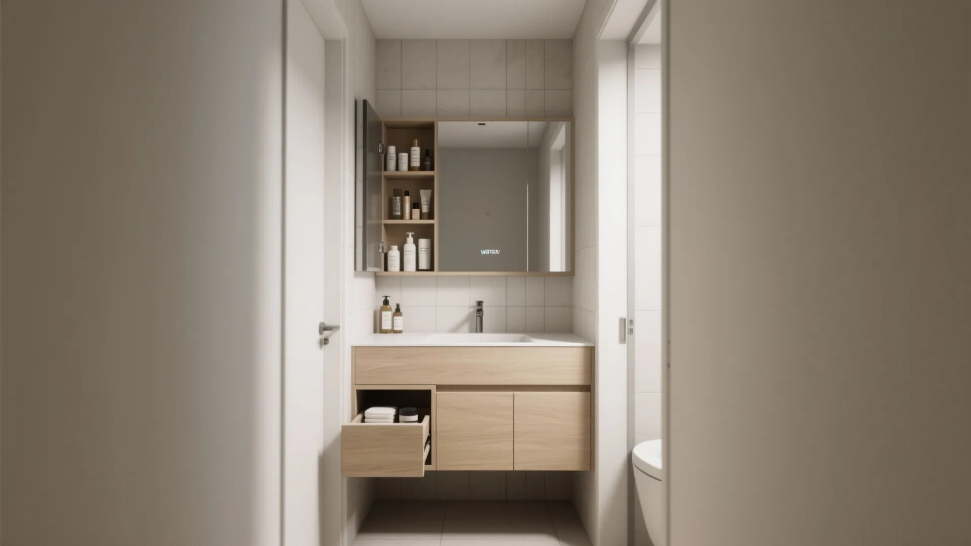 Small bathroom vanity with wooden drawers open medicine cabinet mirror and white tile wall design idea