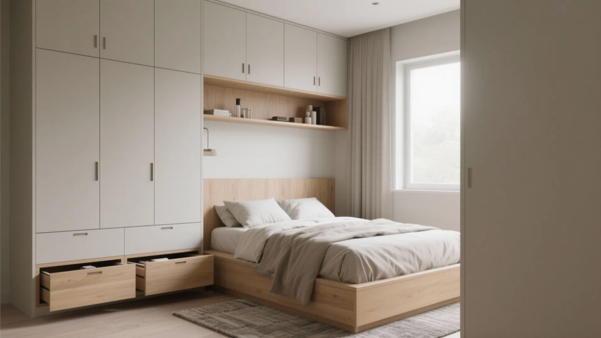 Built-in wardrobes and under-bed drawers in a small minimalist bedroom with neutral finishes.