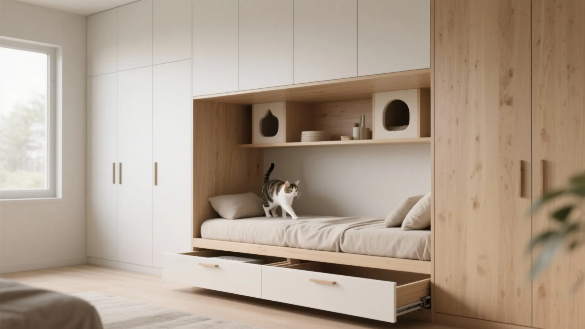White cabinet with built in bed wooden shelves drawers and cat walking on soft mattress