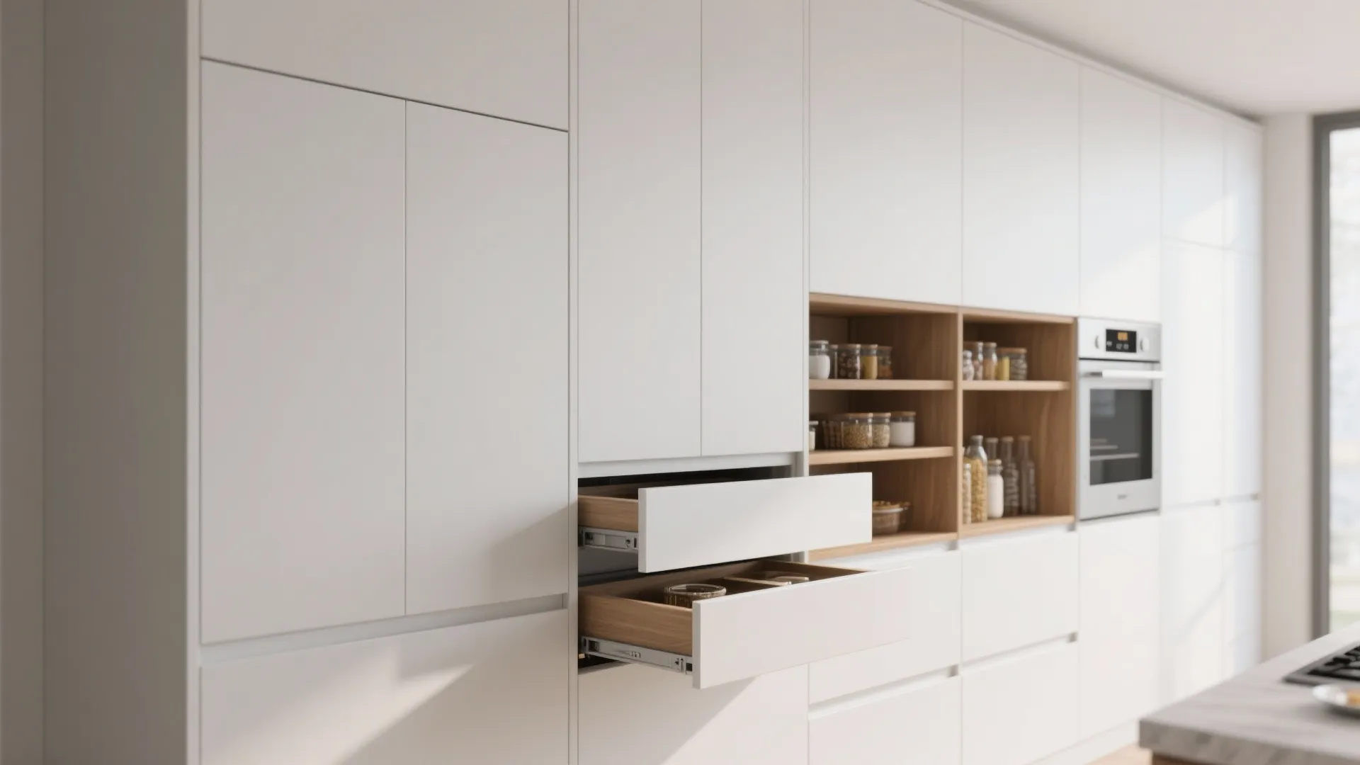 Tall handleless cabinets with pull-out pantries and a hidden appliance garage in a minimalist kitchen.