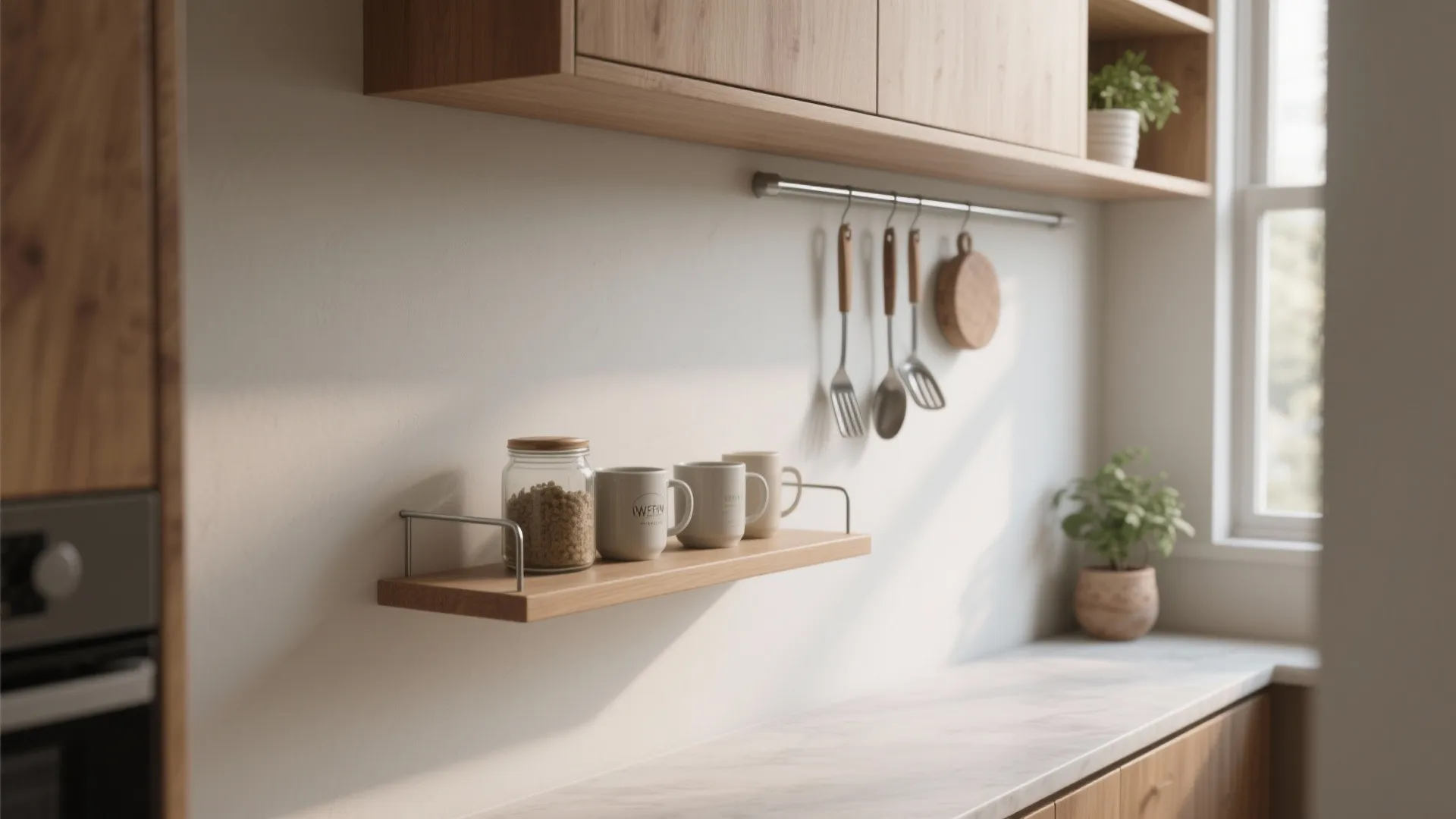 Minimalist kitchen wall with wooden floating shelf, hanging cooking tools, coffee mugs, and small plant