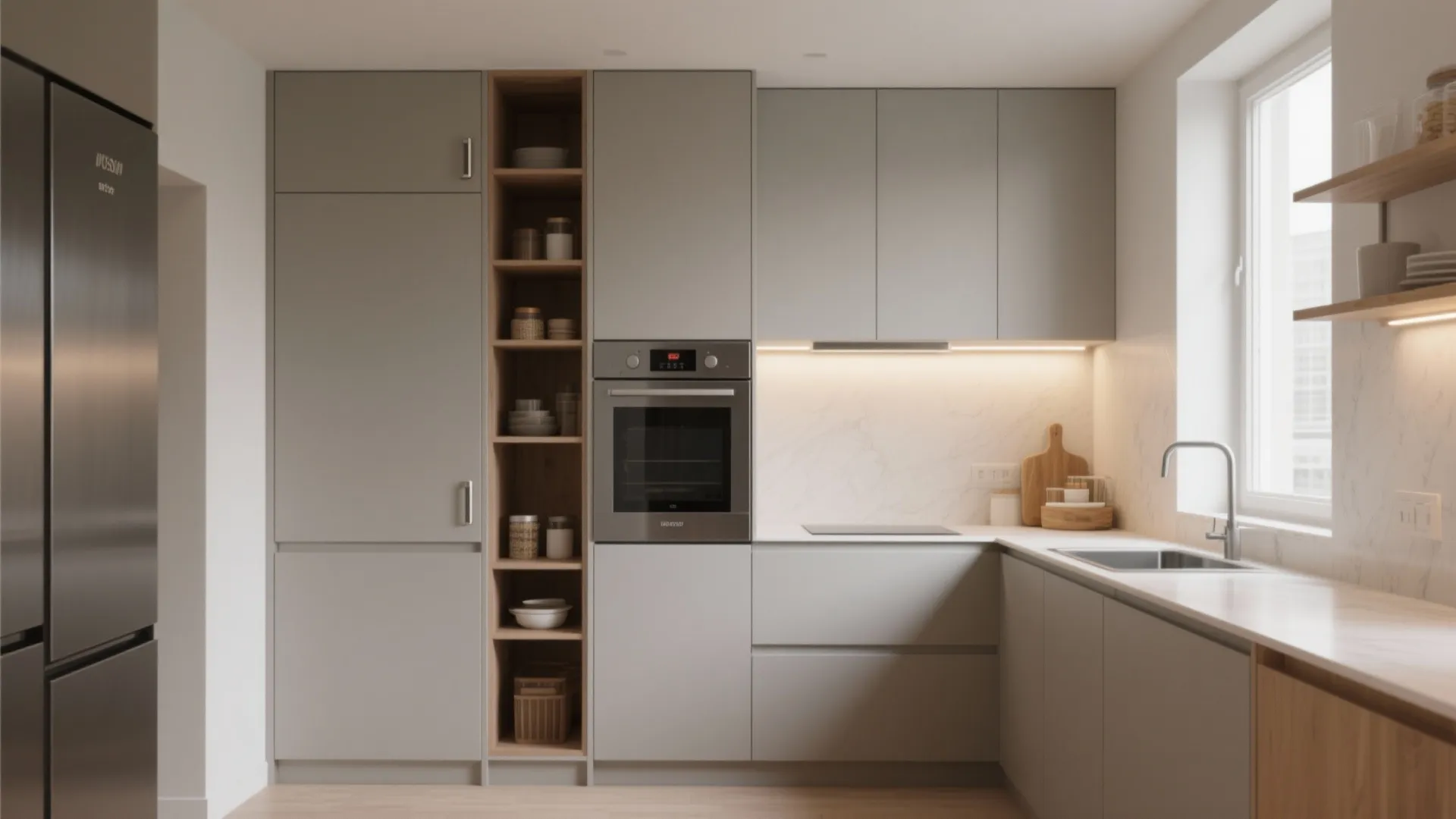 Modern grey kitchen with built in oven wooden open shelves sink and marble backsplash wall cabinets