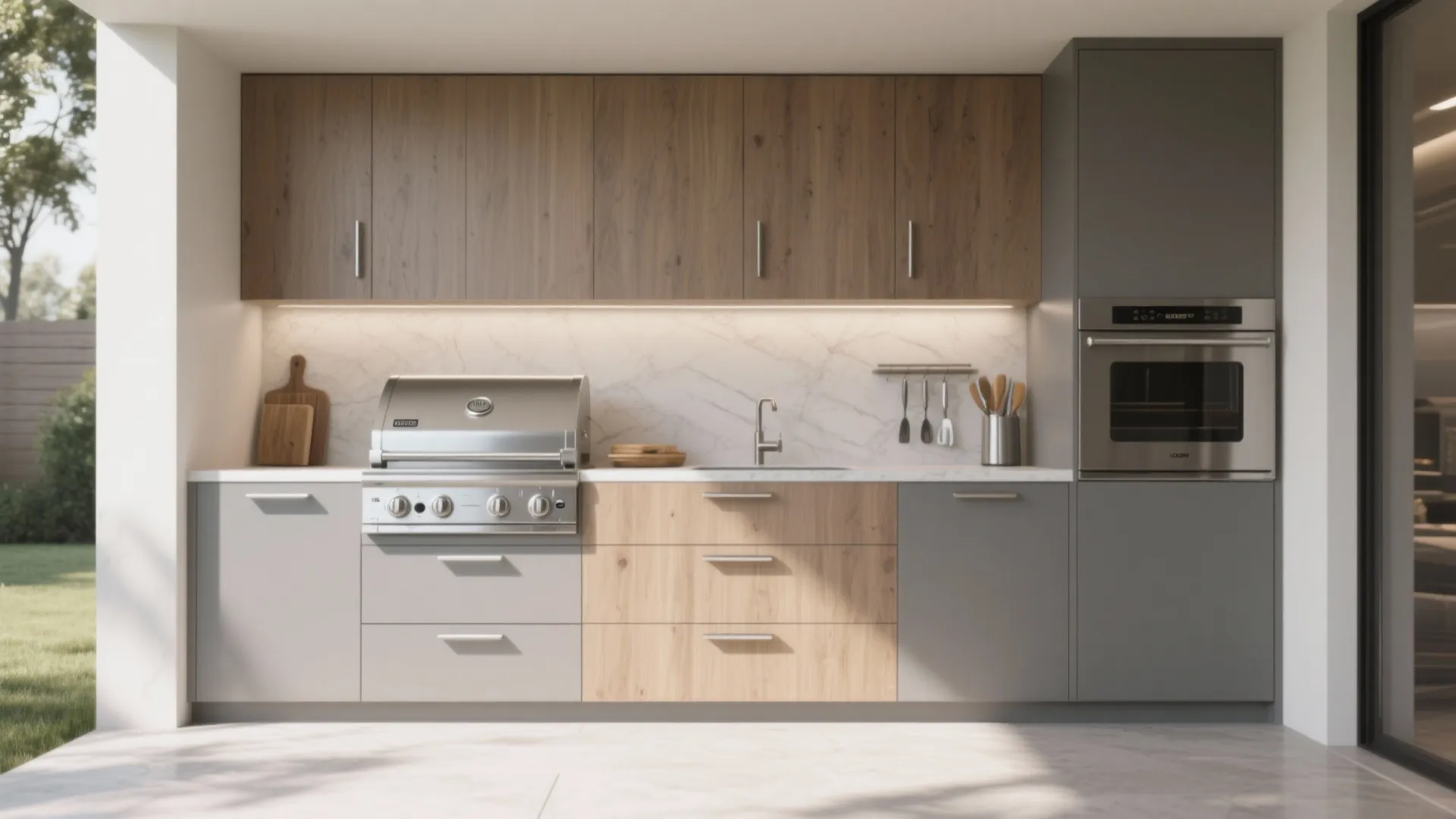 Modern outdoor kitchen area with wooden cabinets grey drawers stainless steel grill and white marble countertop