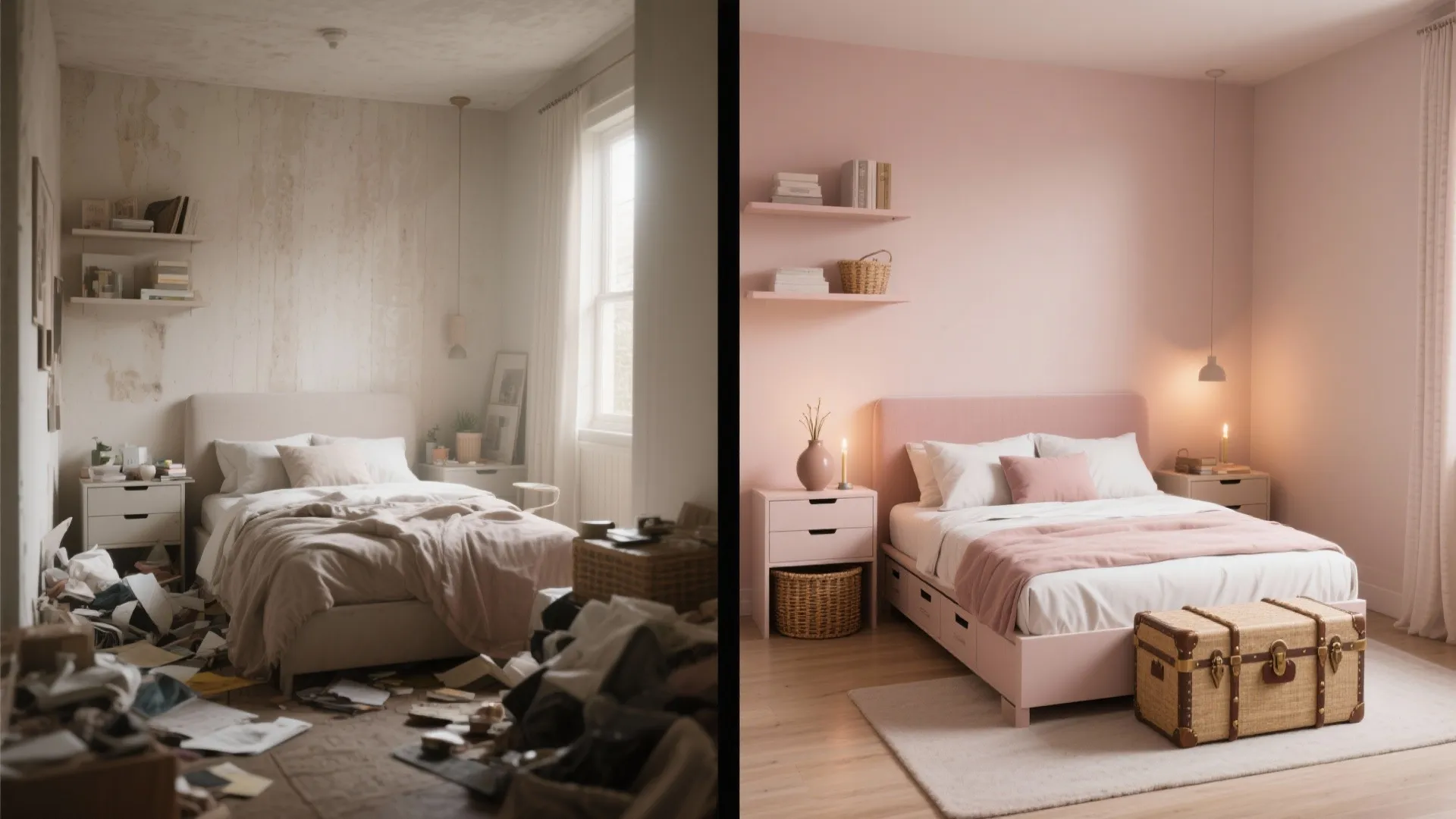 Before-and-after view showing cluttered versus edited small bedroom with under-bed storage and floating shelves.