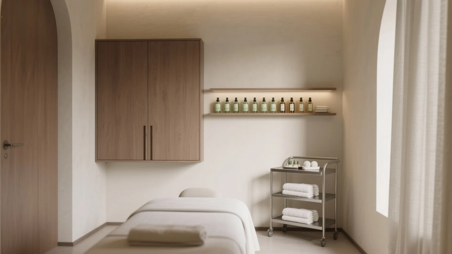 Minimalist storage for a serene massage room