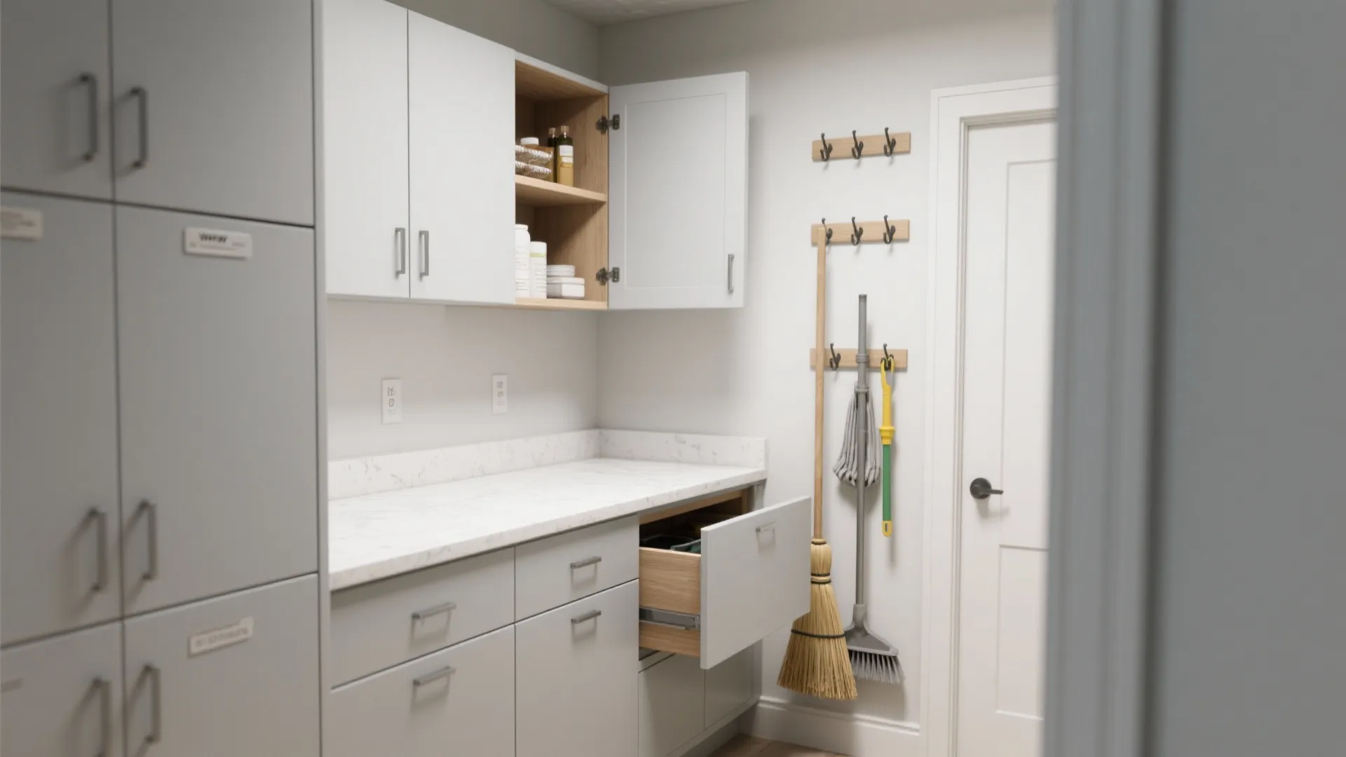 Modern laundry room featuring grey cabinets with open drawers plus wall hooks for cleaning tools