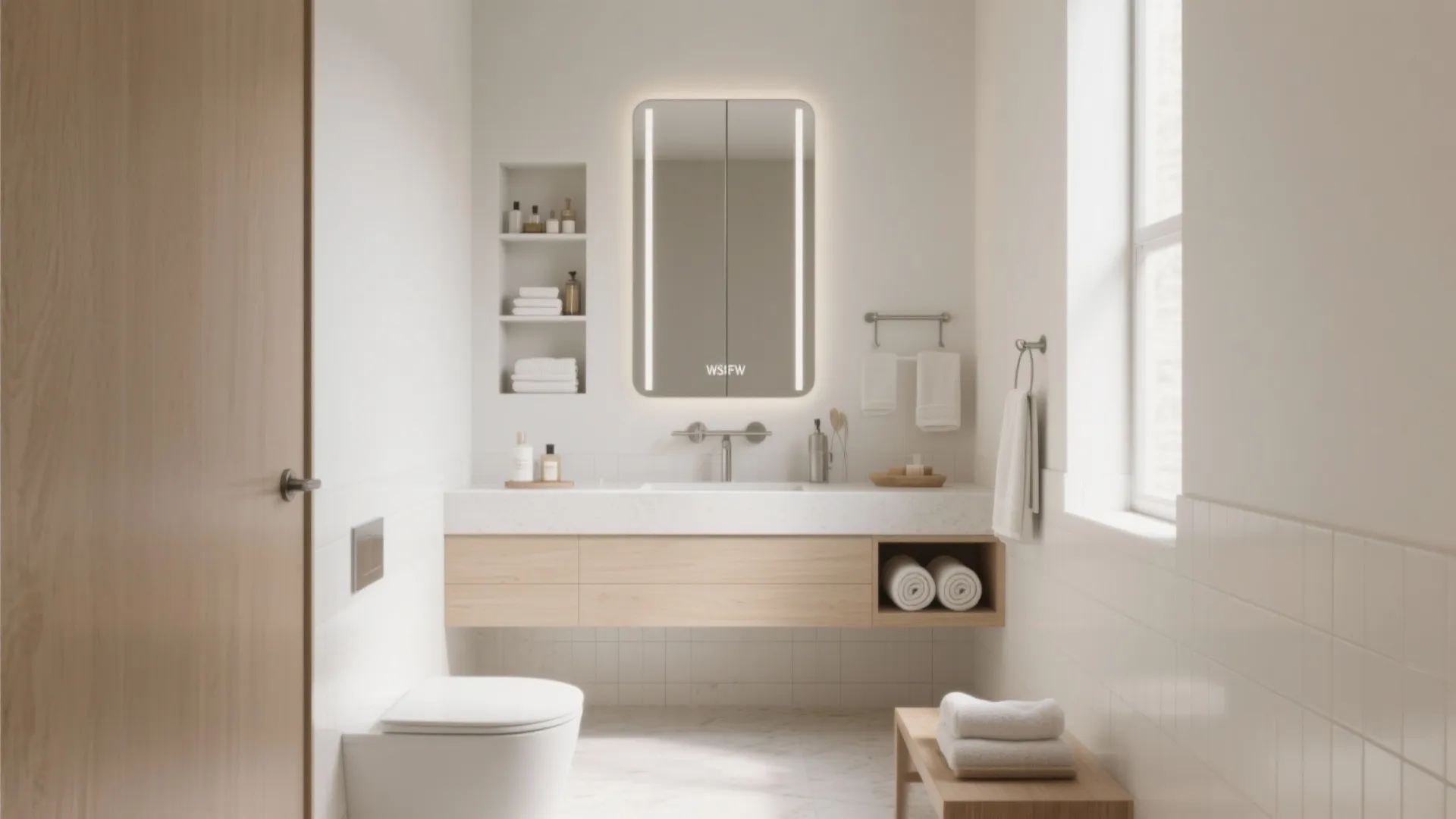 Minimalist spa storage and soft neutrals