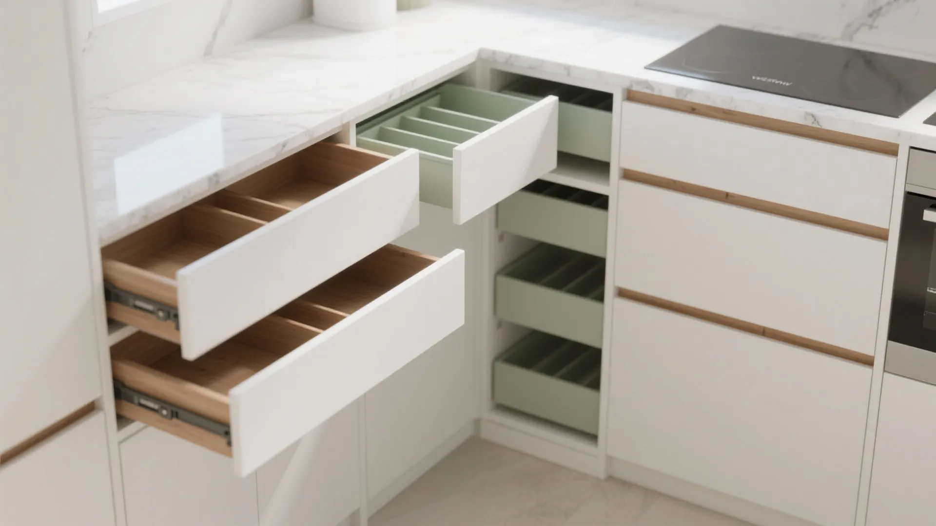 Close up of open white kitchen drawers showing wood and green organizers under marble countertop