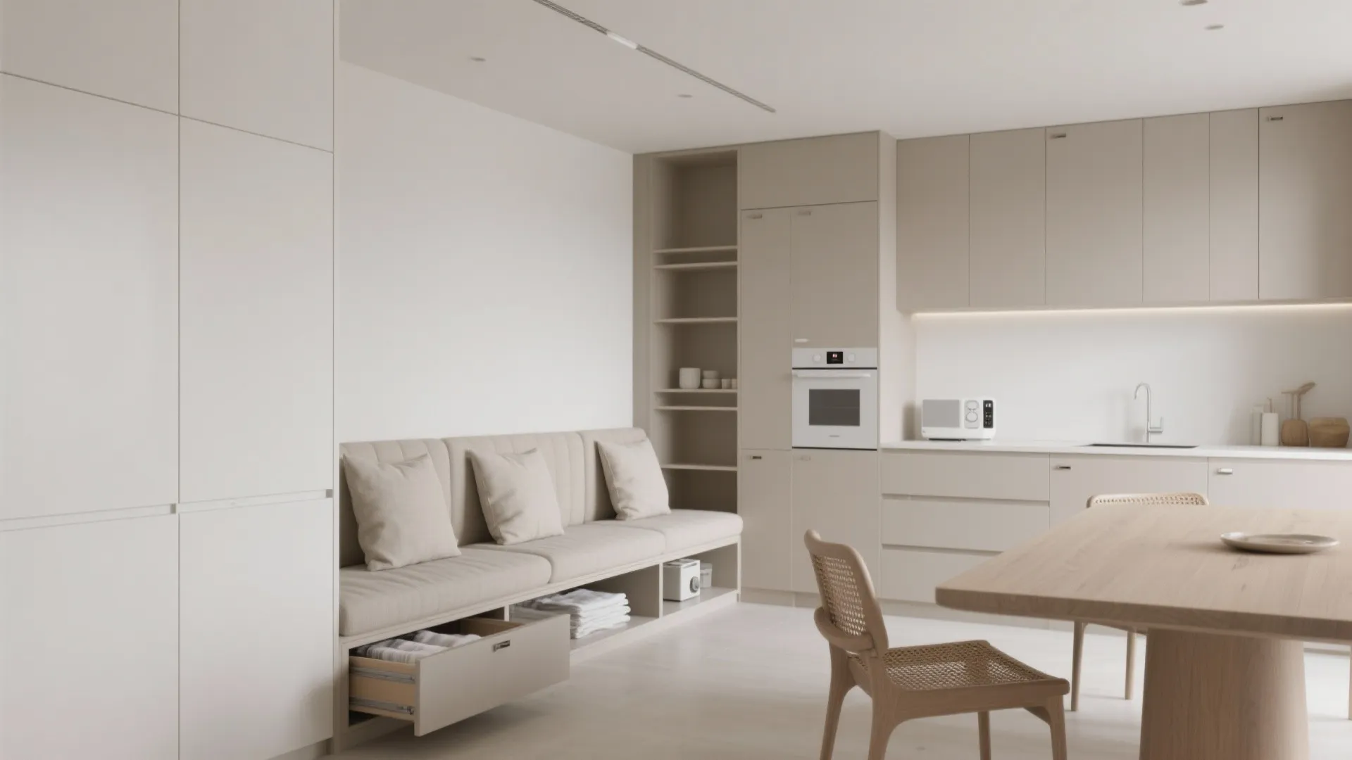 Minimalist storage in a kitchen-dining hall